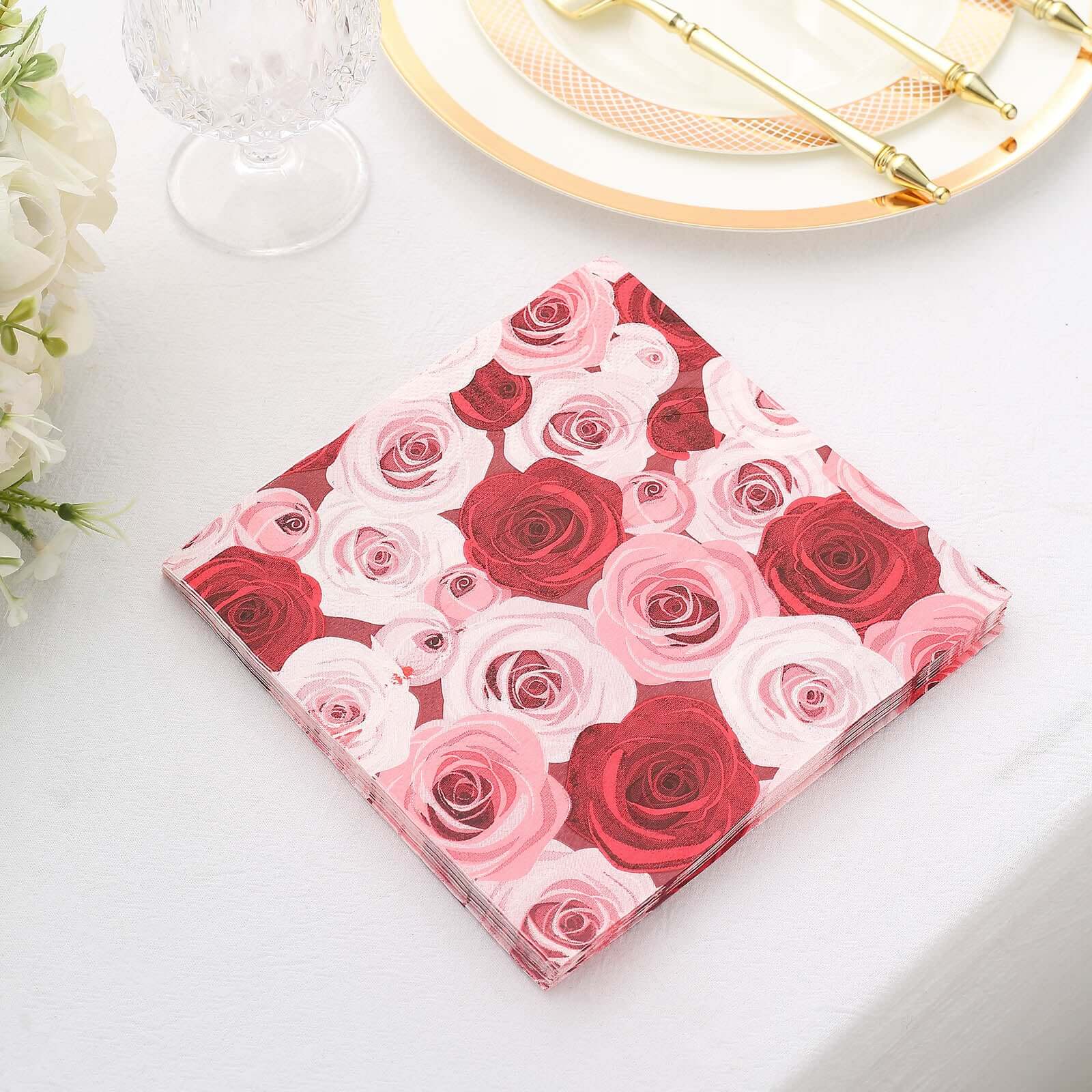 50-Pack Paper Beverage Napkins with Floral Design Red/Pink - 2 Ply Soft 18GSM Rose Garden Wedding Napkins 6.5x6.5