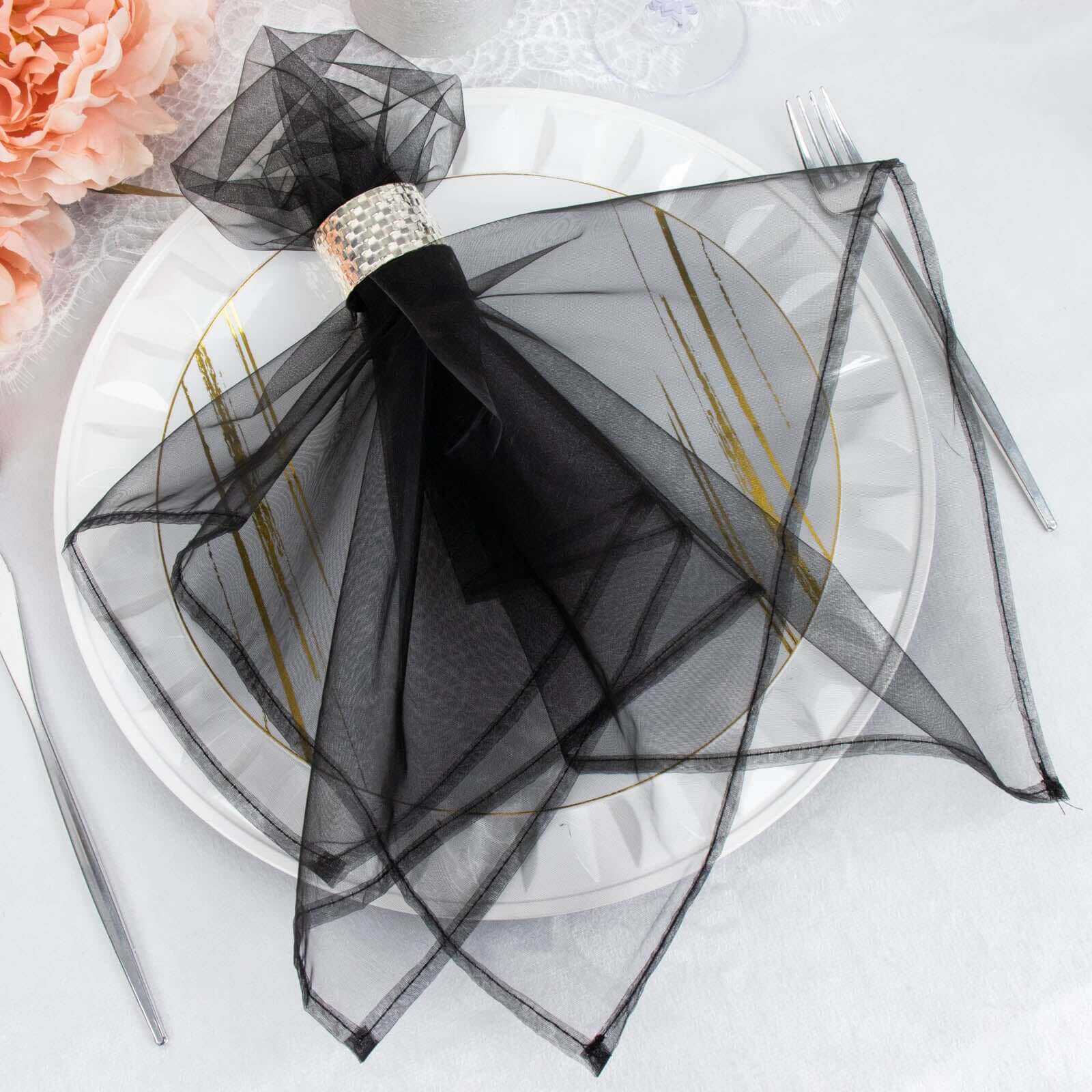 10 Pack Organza 23x23 Napkins Black - Sheer Cloth Napkins