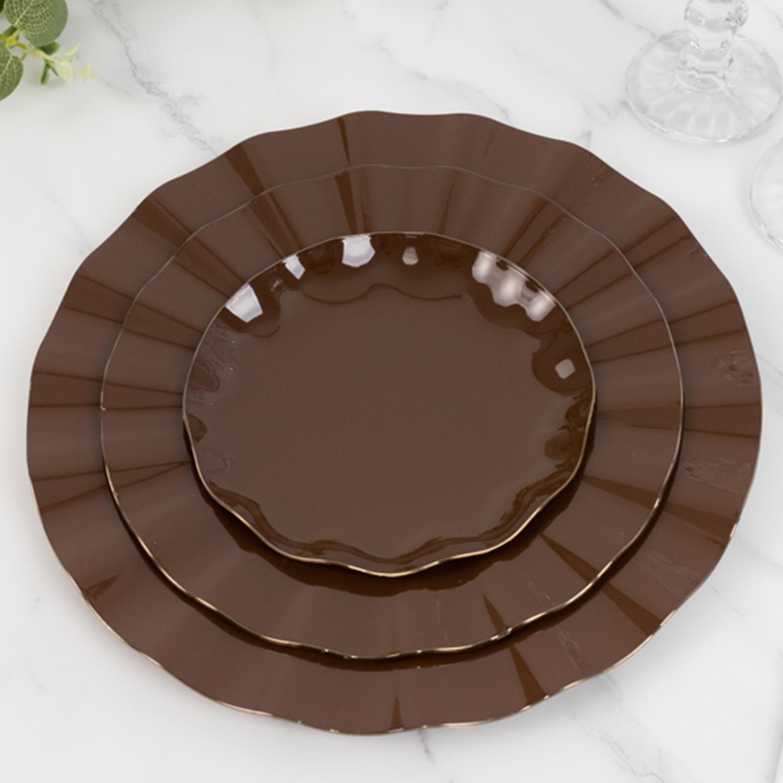 10-Pack Plastic Round 6 Dessert Plates in Cinnamon Brown Ruffled Rim with Gold Edging - Sturdy Disposable Salad Appetizer Dinnerware