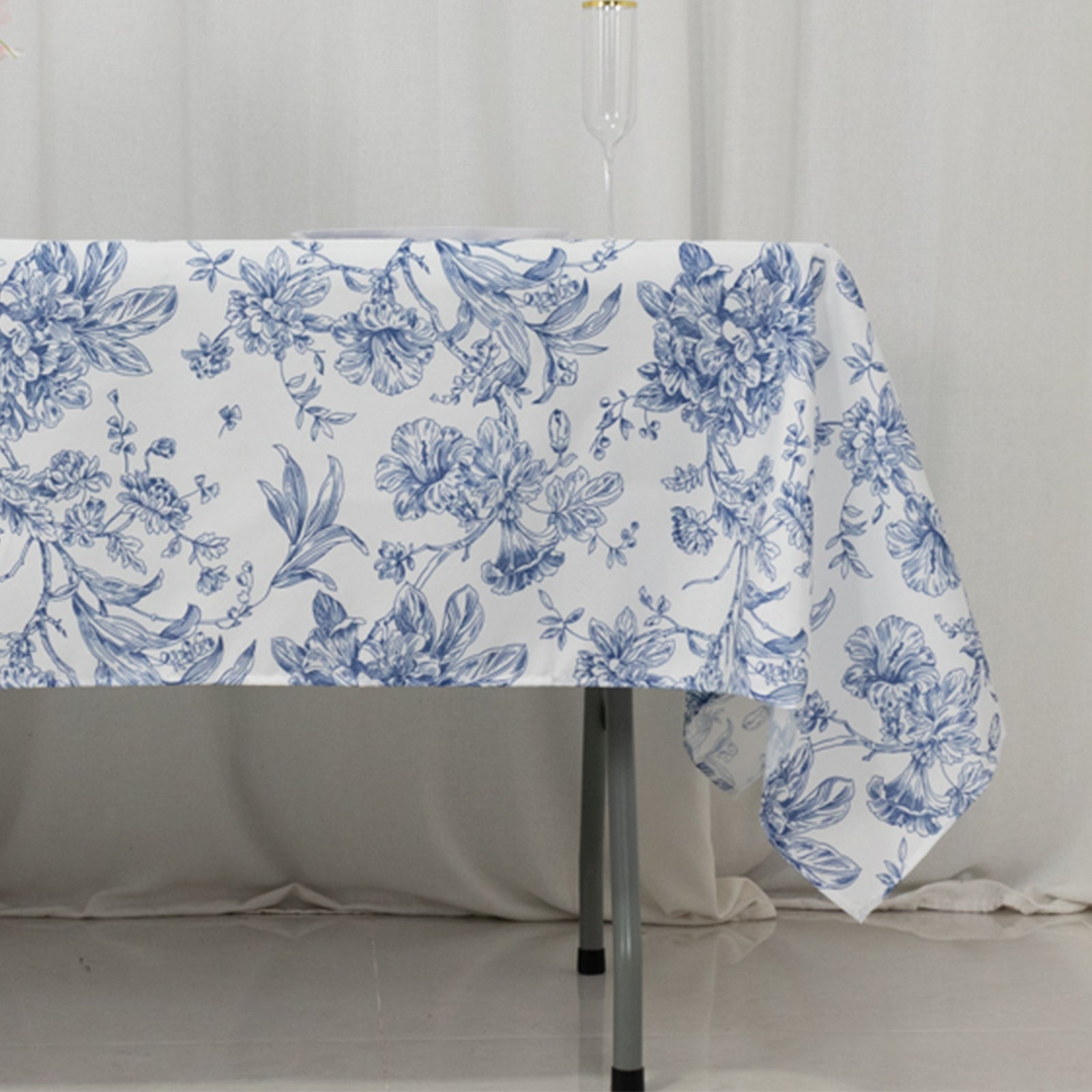 Polyester 60x102 Rectangle Tablecloth White - Blue French Toile Pattern for Elegant Gatherings