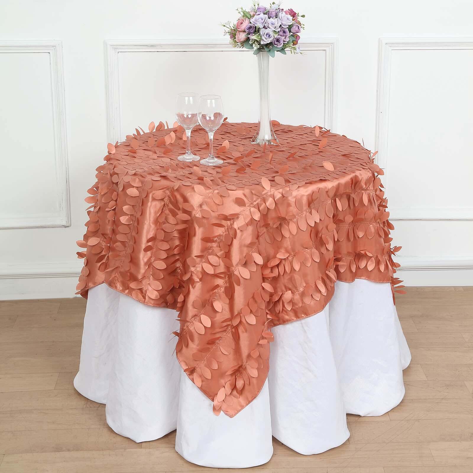 Taffeta 54x54 Table Overlay Square Tablecloth Terracotta 3D Leaf Petal Table Cover