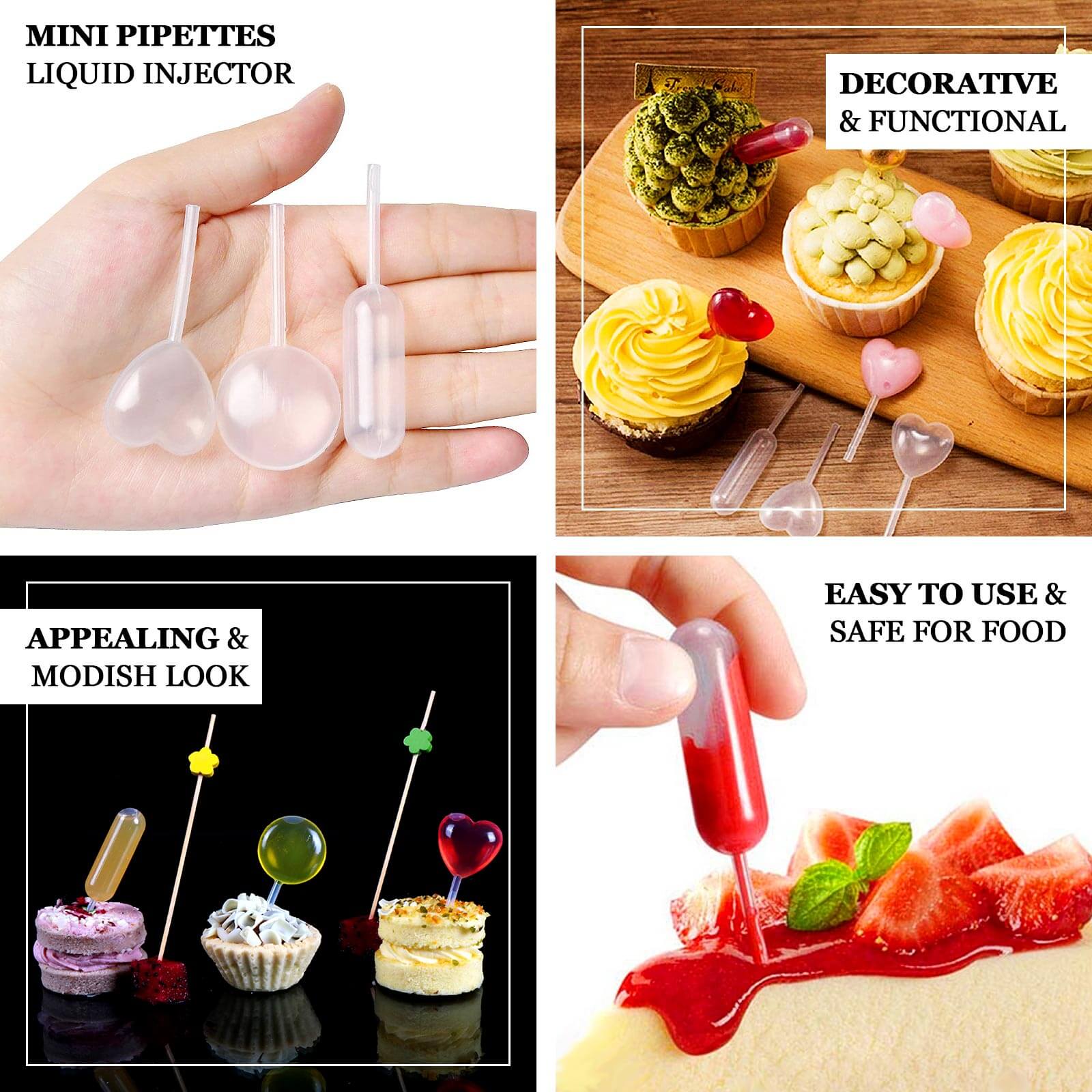 Set of 150 Plastic Dessert Topper Pipette Infusers Clear - Disposable Mini Squeeze Cupcake Liquid Injector Droppers in Heart, Cylinder & Round for Desserts & Drinks 4ml