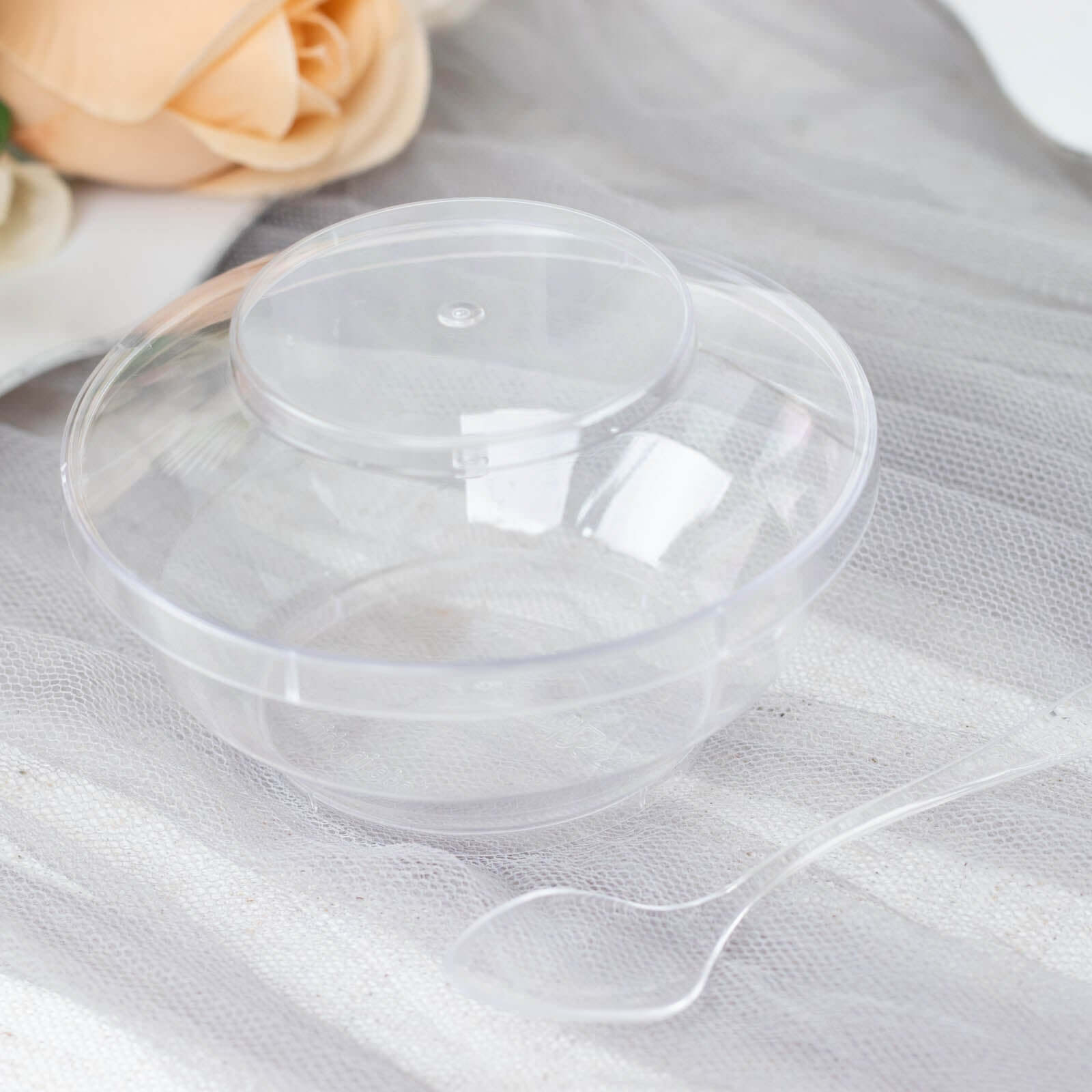 24-Pack Plastic Mini Party Bowl Set Clear with Lid and Spoon - Ideal for Desserts 3.5oz