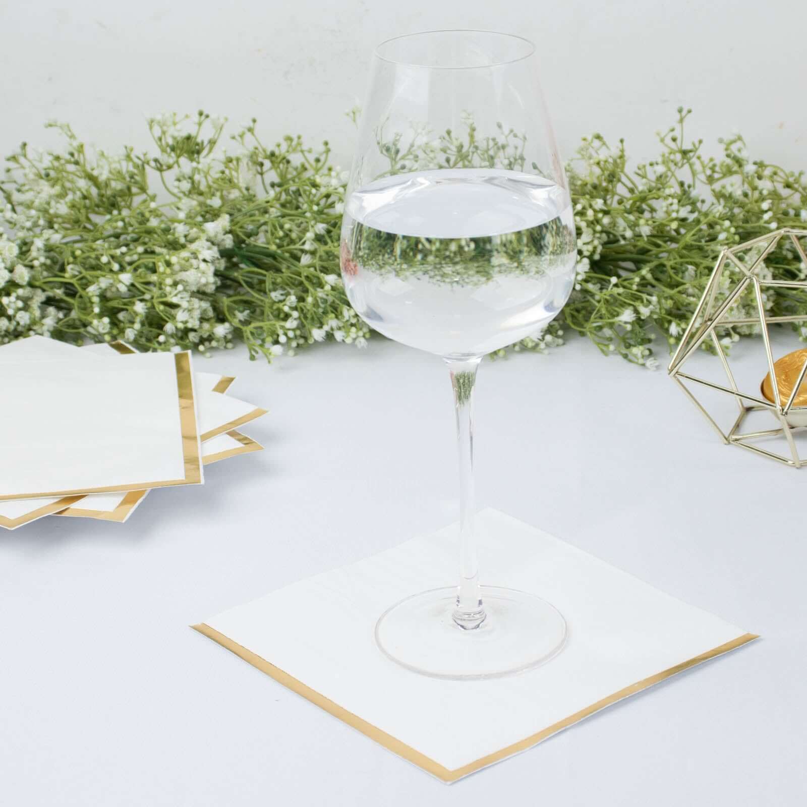 50-Pack Paper Beverage Napkins with Gold Foil Edge White - Disposable 2 Ply Cocktail Napkins for Events 6.5x6.5