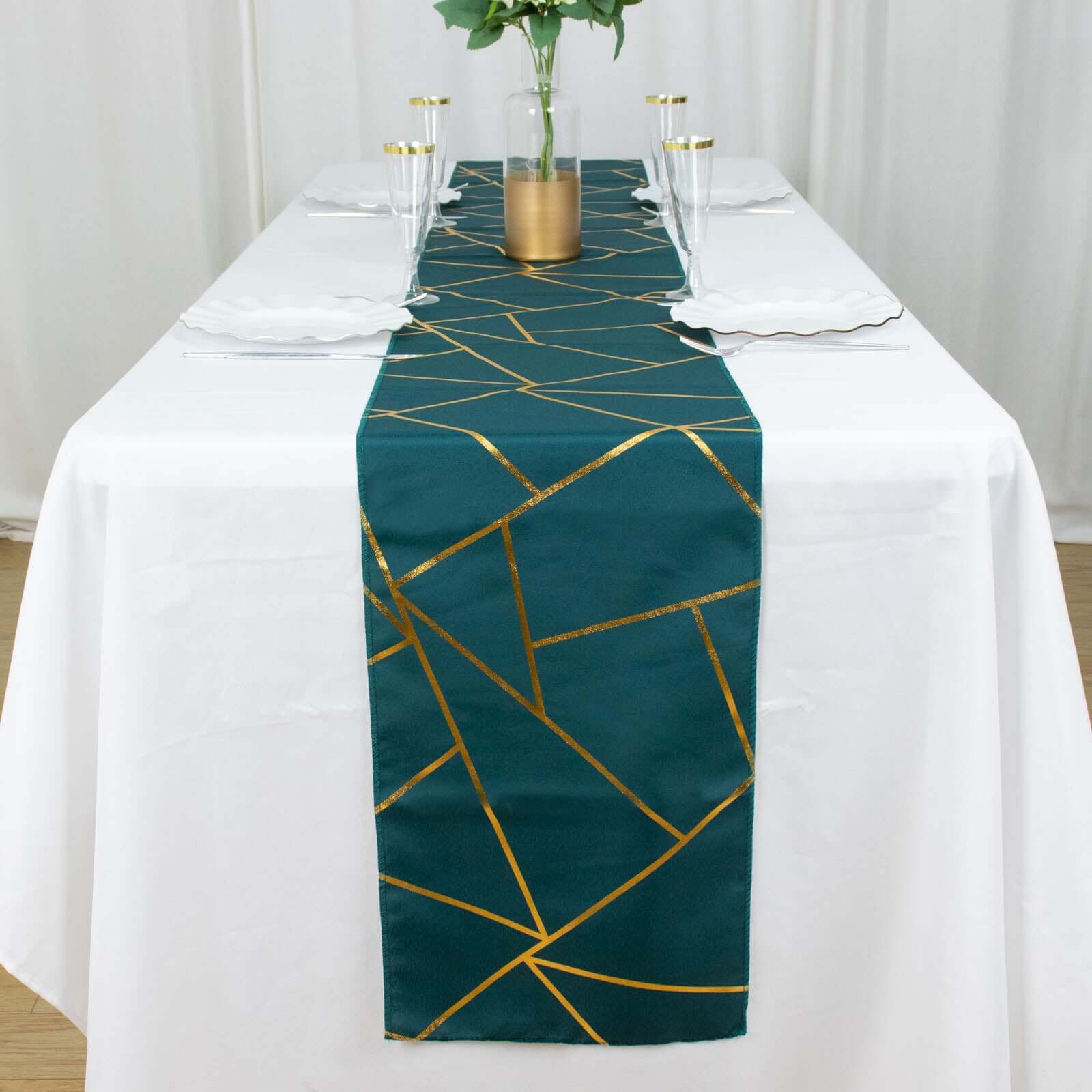 Polyester 9ft Table Runner Peacock Teal with Gold Foil Modern Geometric Accent