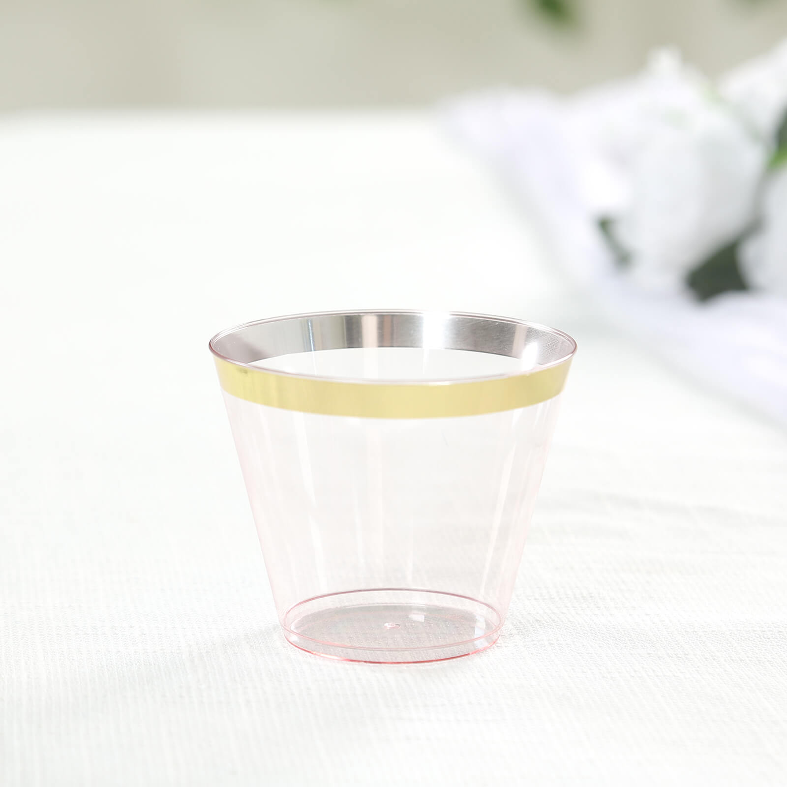 25-Pack Plastic Party Cups Transparent Blush Crystal with Gold Rim - Stylish Short Disposable Glasses 9oz