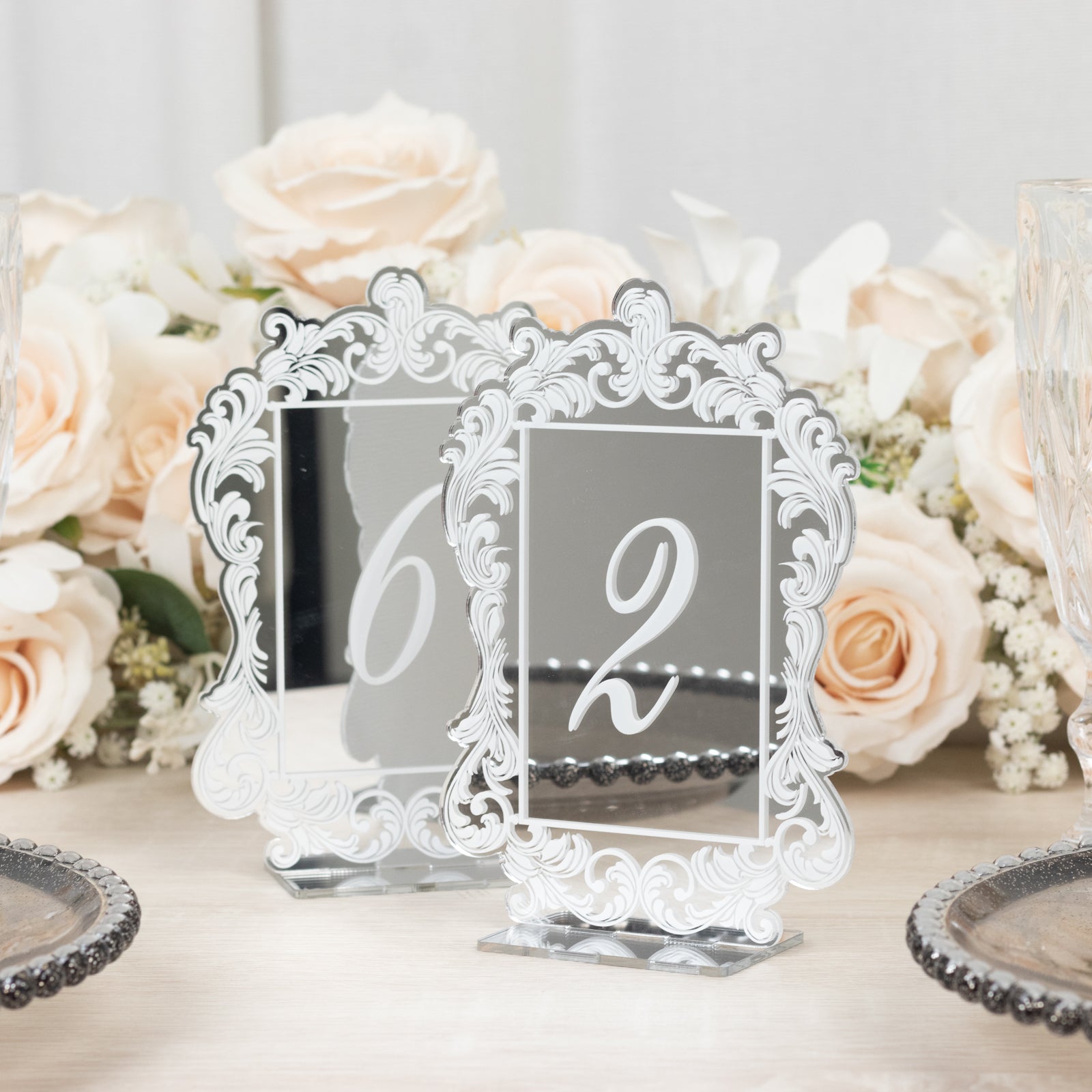 Silver Mirror Arch Acrylic Table Numbers (1-10) - 5x7 Wedding Reception Signs with Baroque Lace Border, White Print & Stands