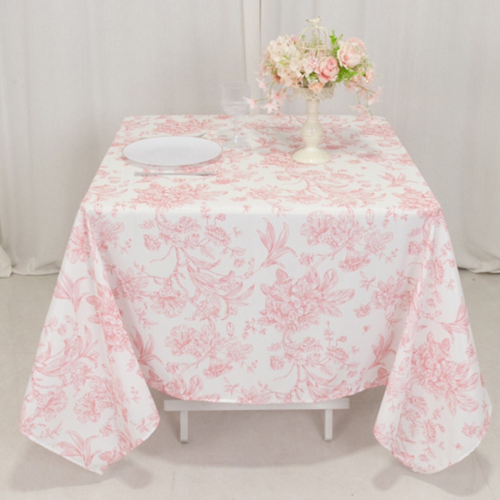 Polyester 70x70 Square Tablecloth White - Pink French Toile Pattern for Elegant Occasions