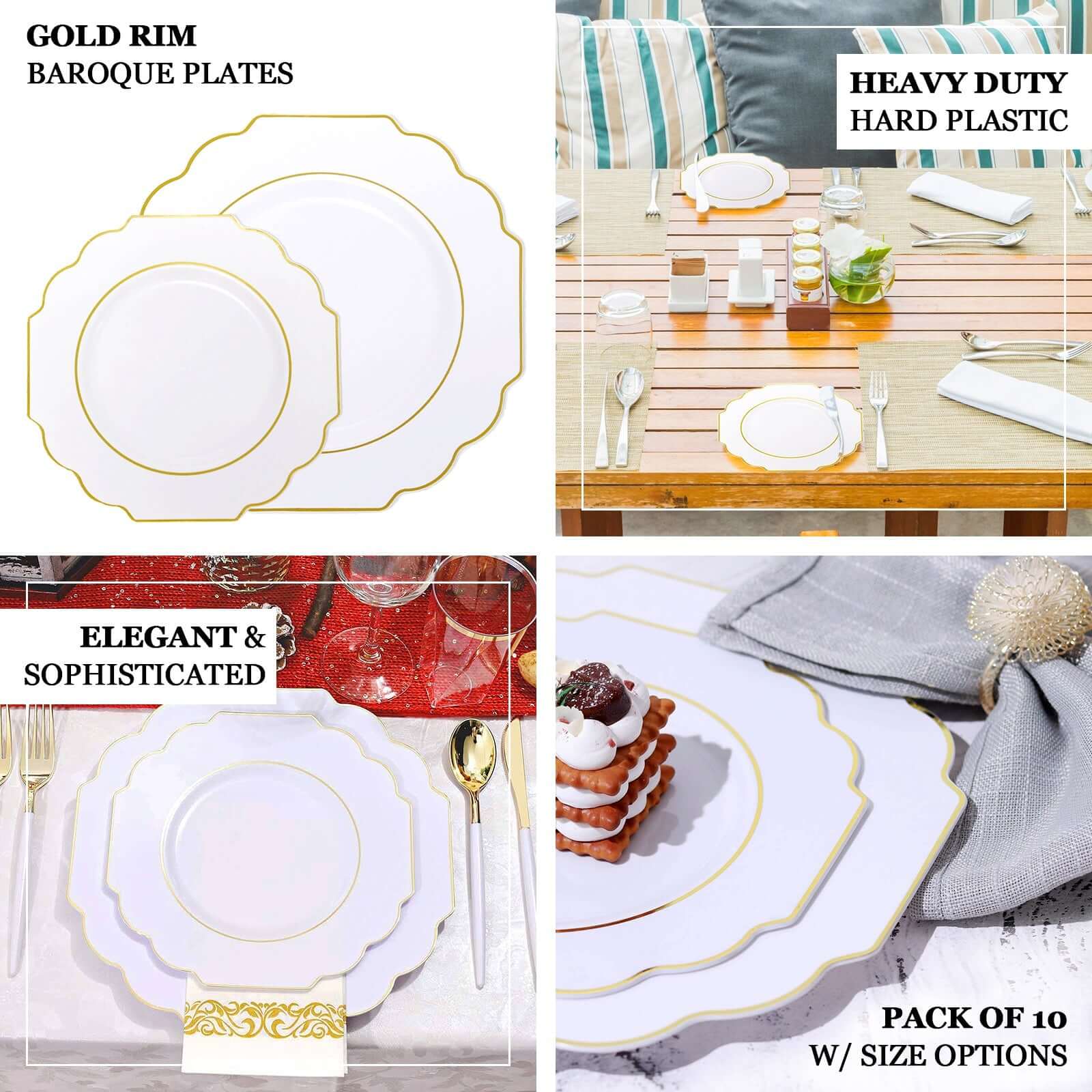 10-Pack Plastic Dessert Appetizer Plates in Sage Green Baroque Design with Scalloped Gold Rim - Heavy Duty Disposable Salad Plates 8