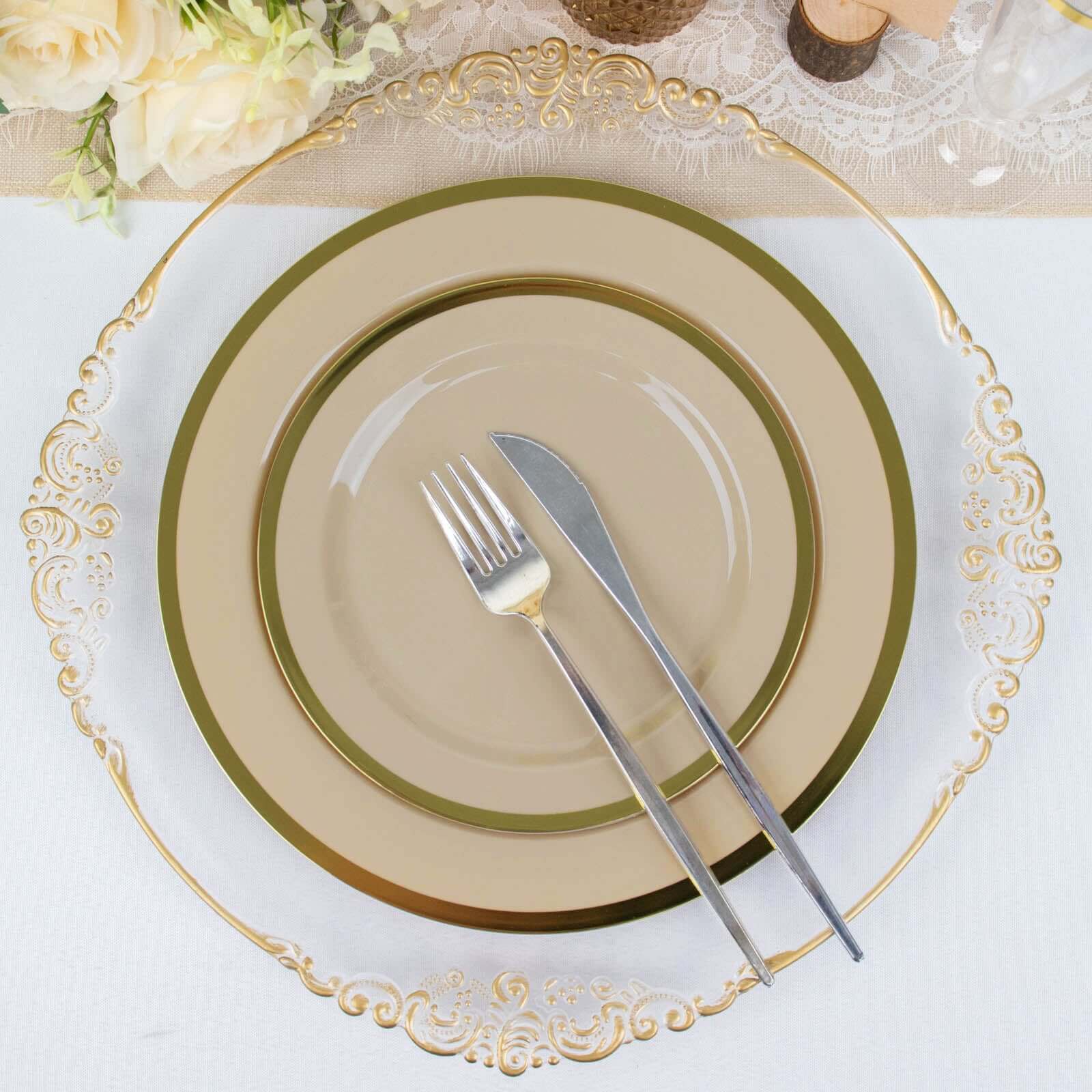 10-Pack Plastic 10 Round Dinner Plates in Taupe with Gold Rim - Disposable Party Plates for Classy Banquets & Special Occasions