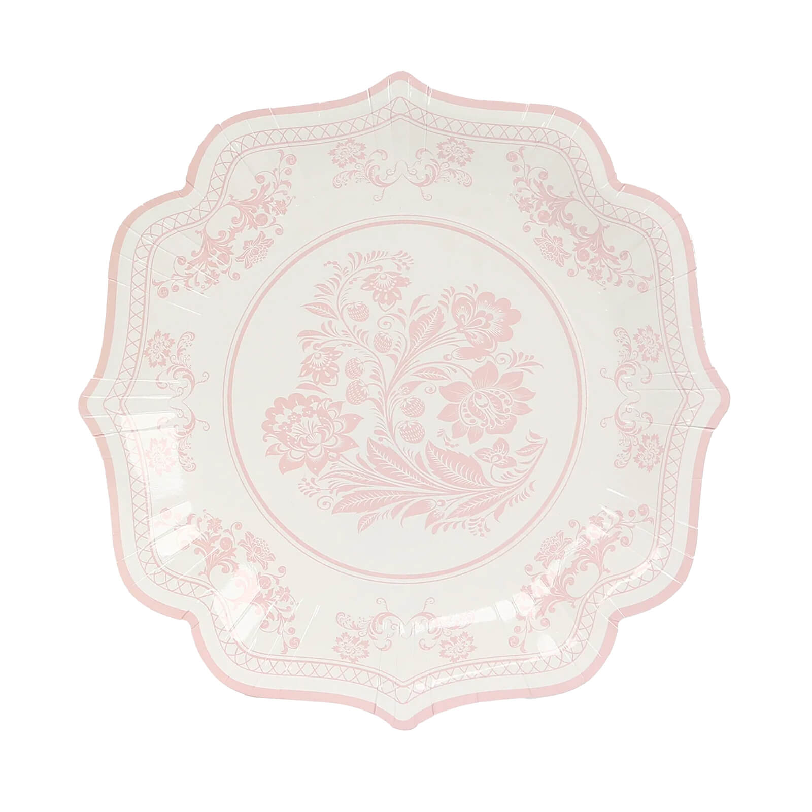 25-Pack Paper Dessert Plates in White with Pink French Toile Print & Scallop Rim - Stylish Disposable 300GSM Floral Salad Appetizer Plates 8