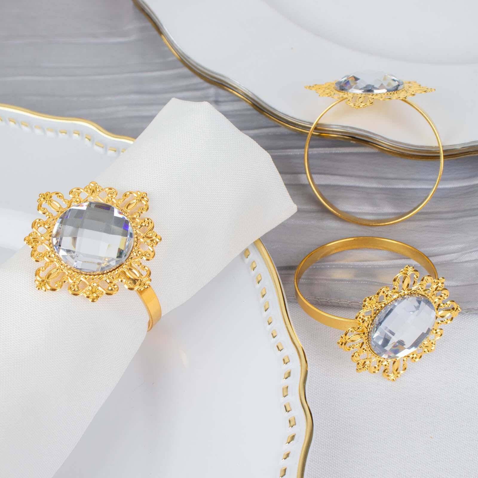 6 Pack 2 Gold Metal Clear Crystal Rhinestone Napkin Rings, Diamond Bling Napkin Holders