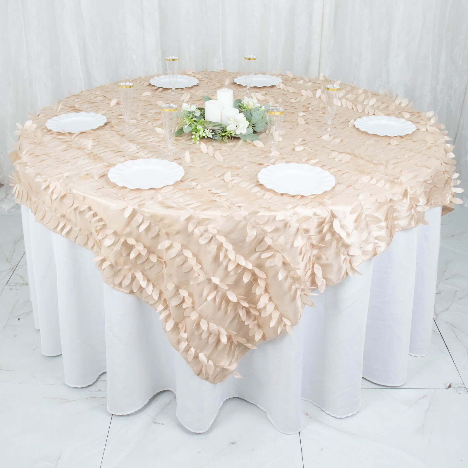 Taffeta 72x72 Table Overlay Square Tablecloth Beige - 3D Leaf Petal Table Cover