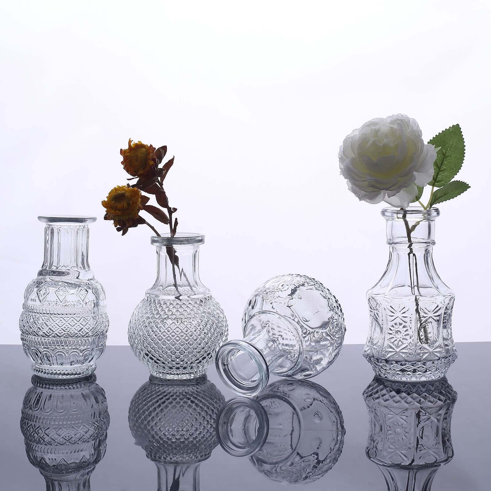 Set of 4 Clear Glass Bud Vases Antique - Vintage Wedding Table Centerpieces for Flowers