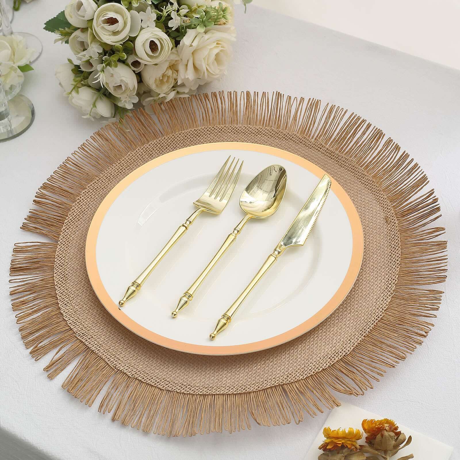 4-Pack Placemats Fringe Edge Design Natural Jute Round - Rustic Boho Chic Burlap Table Decor 16