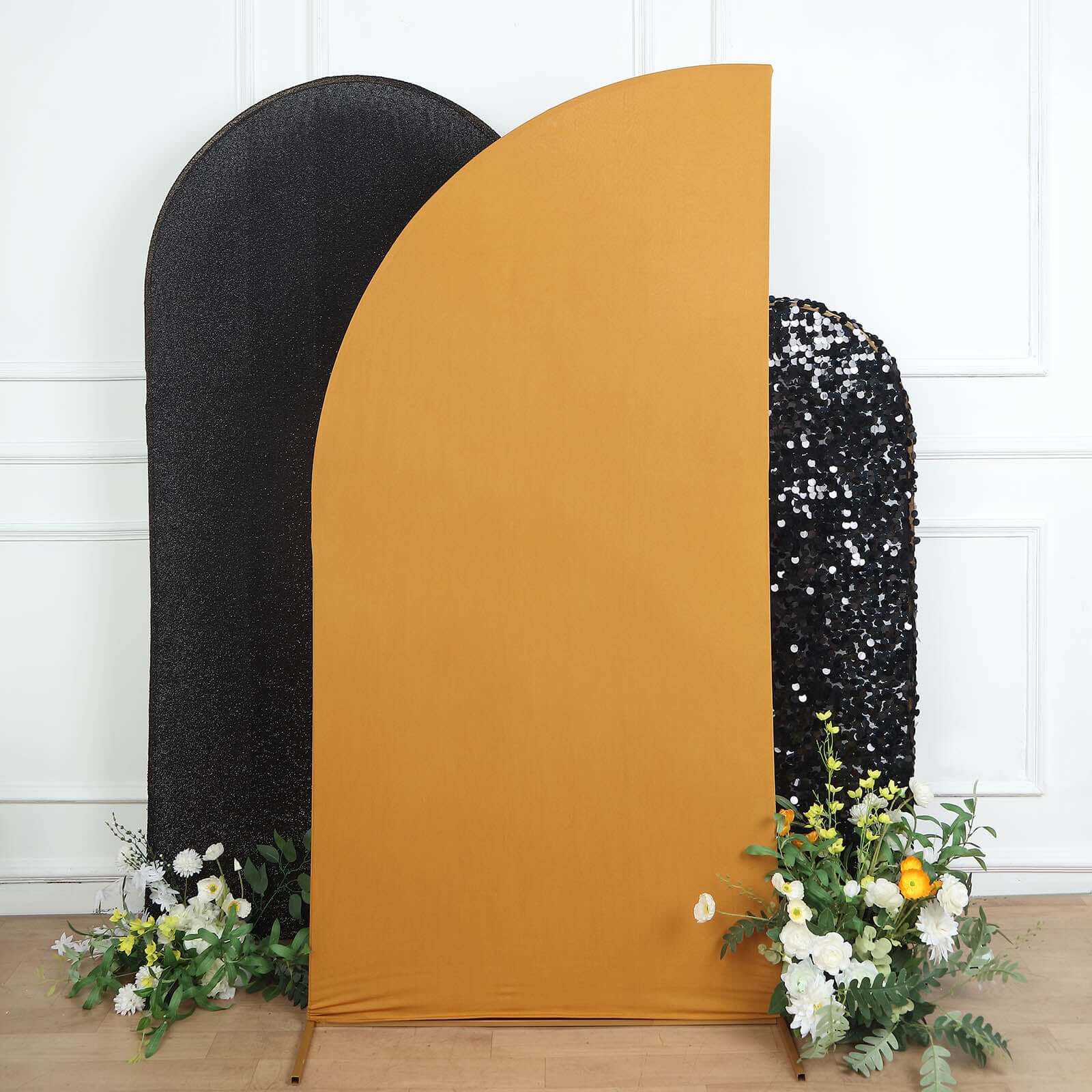 7ft Matte Gold Spandex Half Moon Chiara Backdrop Stand Cover, Custom Fitted Wedding Arch Cover