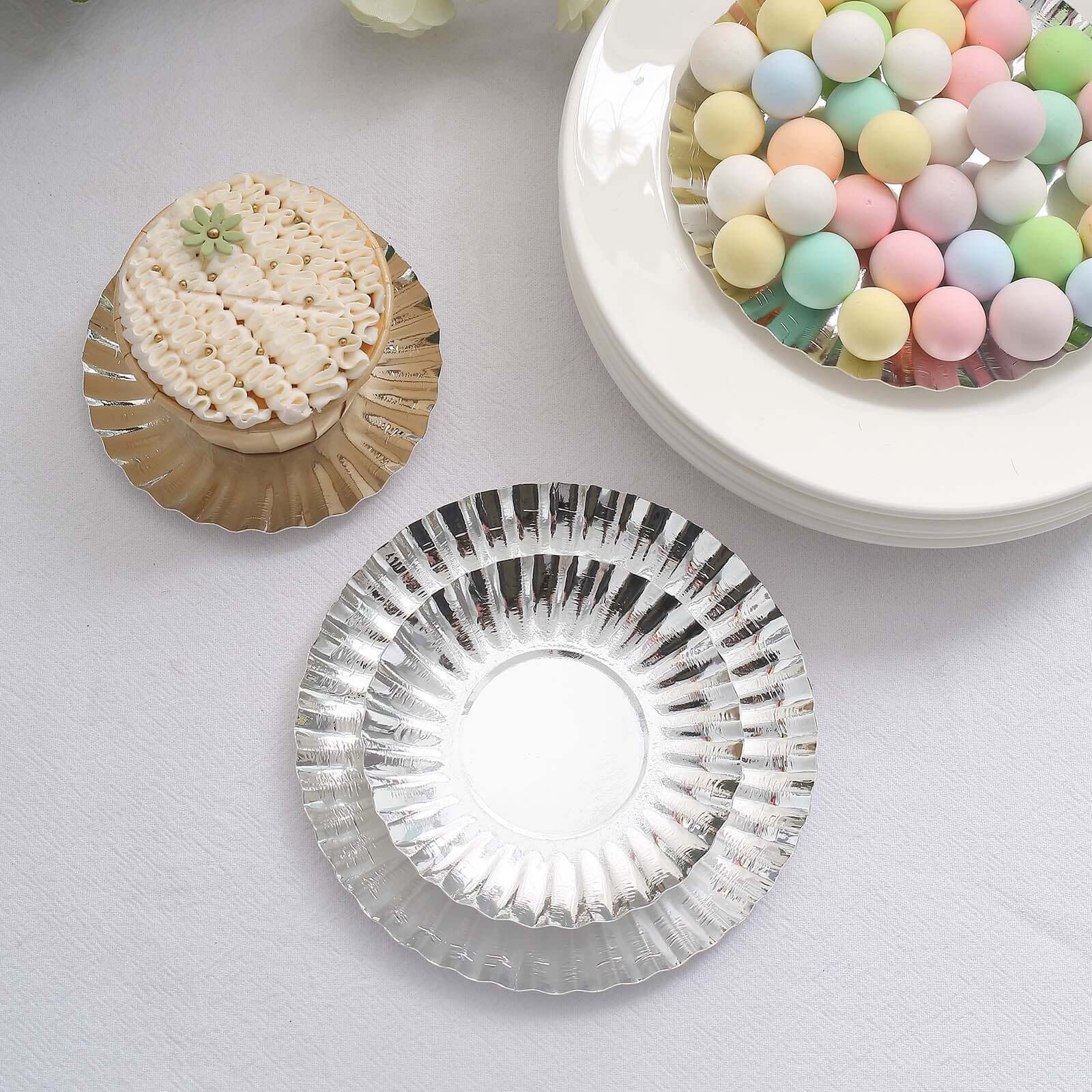 50-Pack Paper 5 Round Dessert Plates in Metallic Silver with Scalloped Rim - Disposable 250GSM Appetizer Party Plates