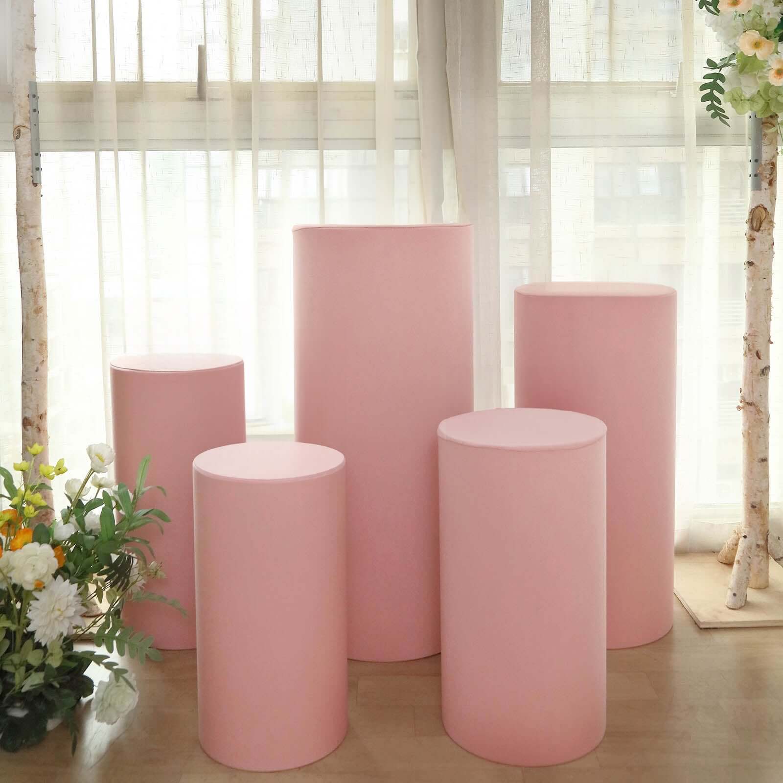 Set of 5 Dusty Rose Spandex Cylinder Pedestal Stand Covers, Stretchable Pillar Prop Covers - 160 GSM