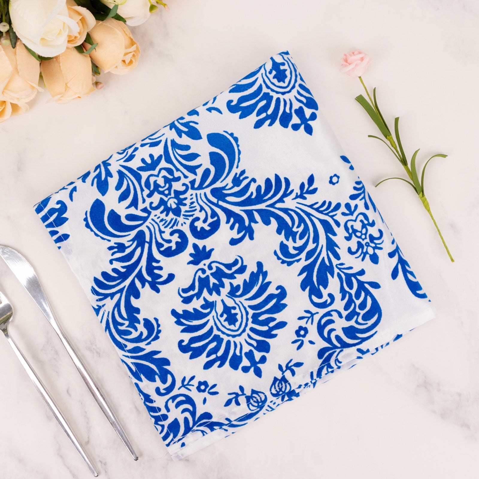 5 Pack Royal Blue White Damask Flocking Taffeta Napkins, Decorative Cloth Napkins for Weddings and Events - 20x20