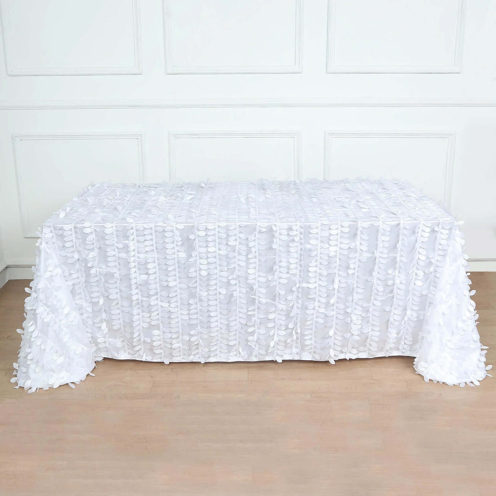 Taffeta 90x156 Rectangle Tablecloth White | 3D Leaf Petal Design Seamless Table Cover for Stylish Wedding & Event Decor