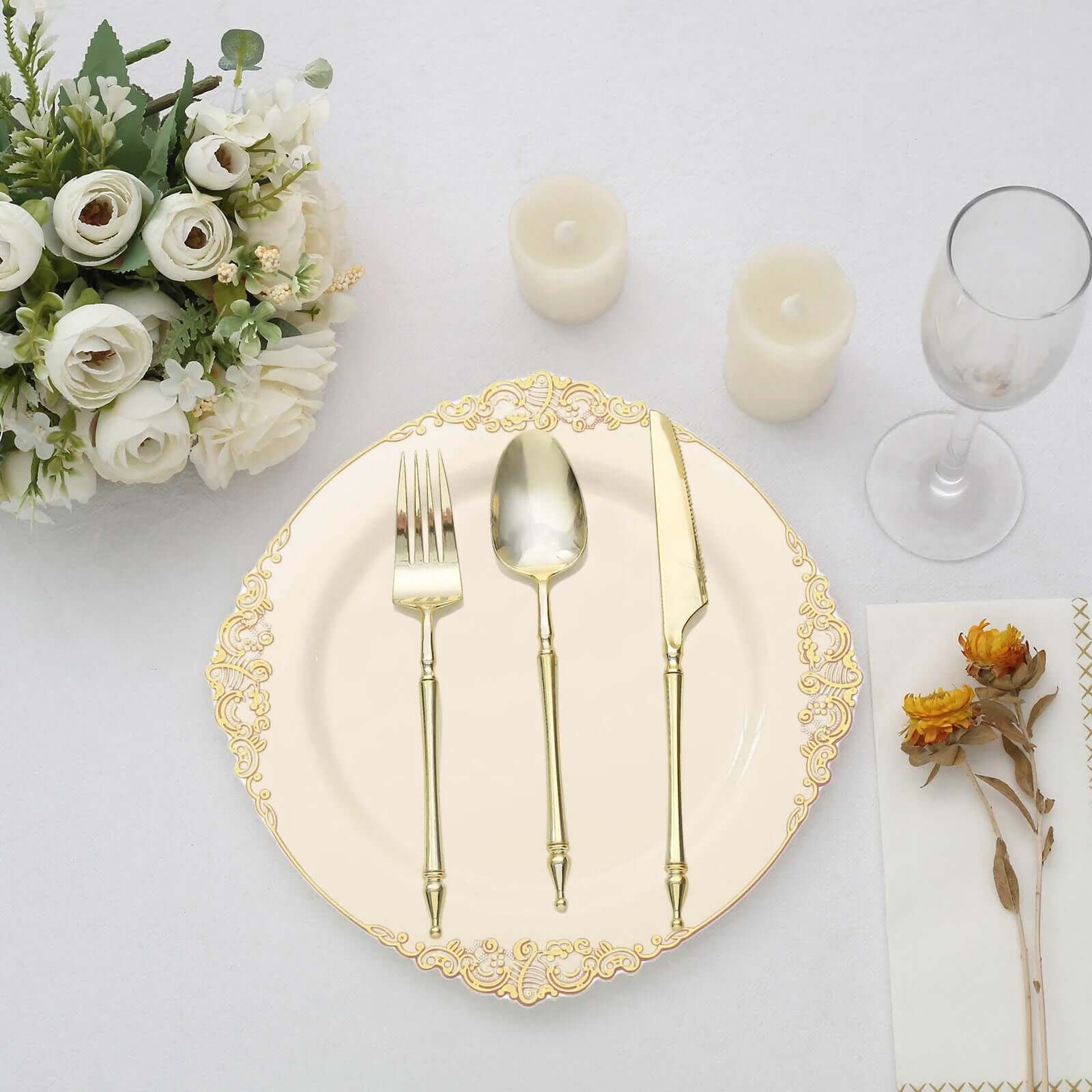 10-Pack Plastic 10 Round Dinner Plates in Ivory with Gold Leaf Embossed Rim - Disposable Vintage Baroque Style Plates