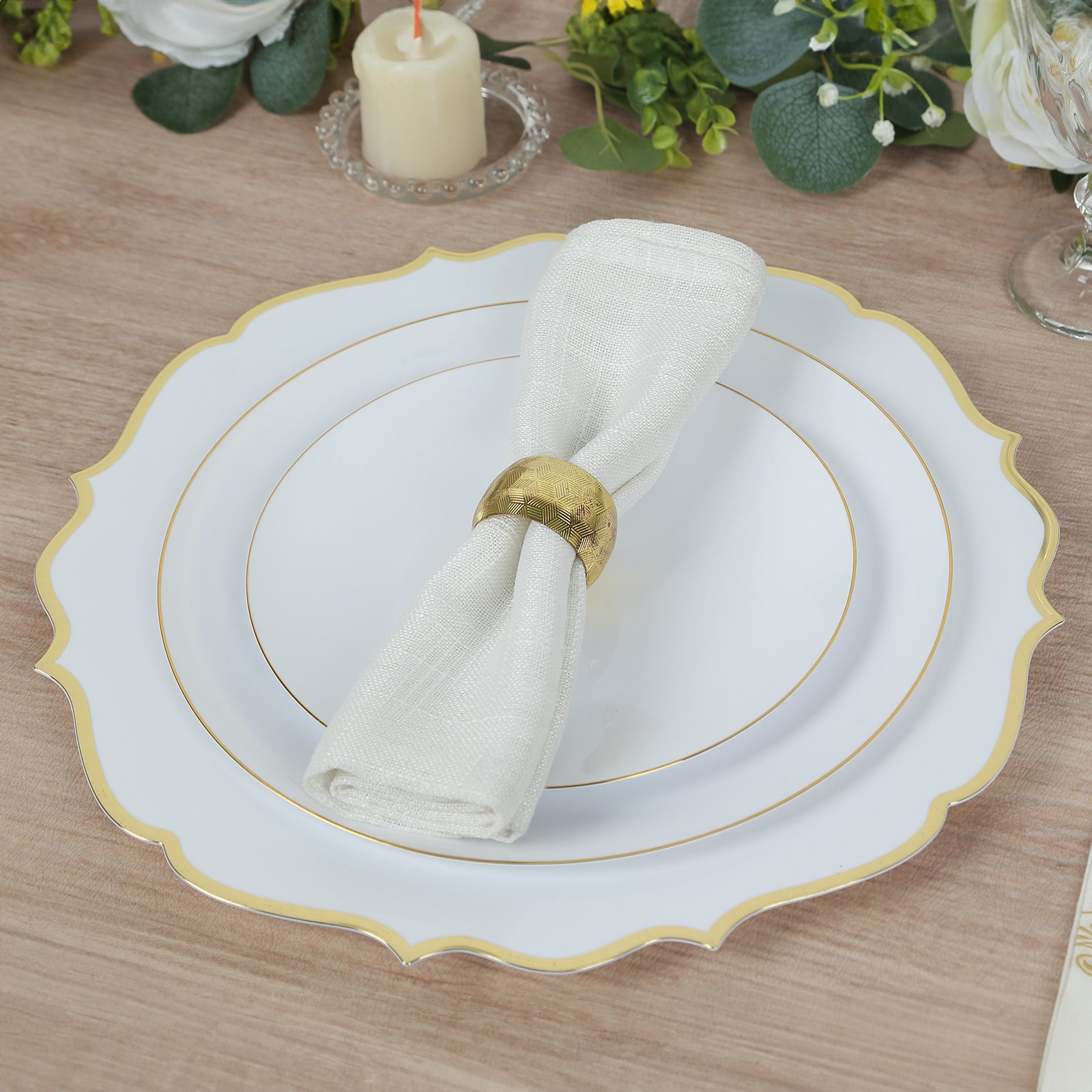 10-Pack Economy Plastic Round Charger Plates 13 in White with Gold Scalloped Rim, Decorative Dinner Party Serving Plates