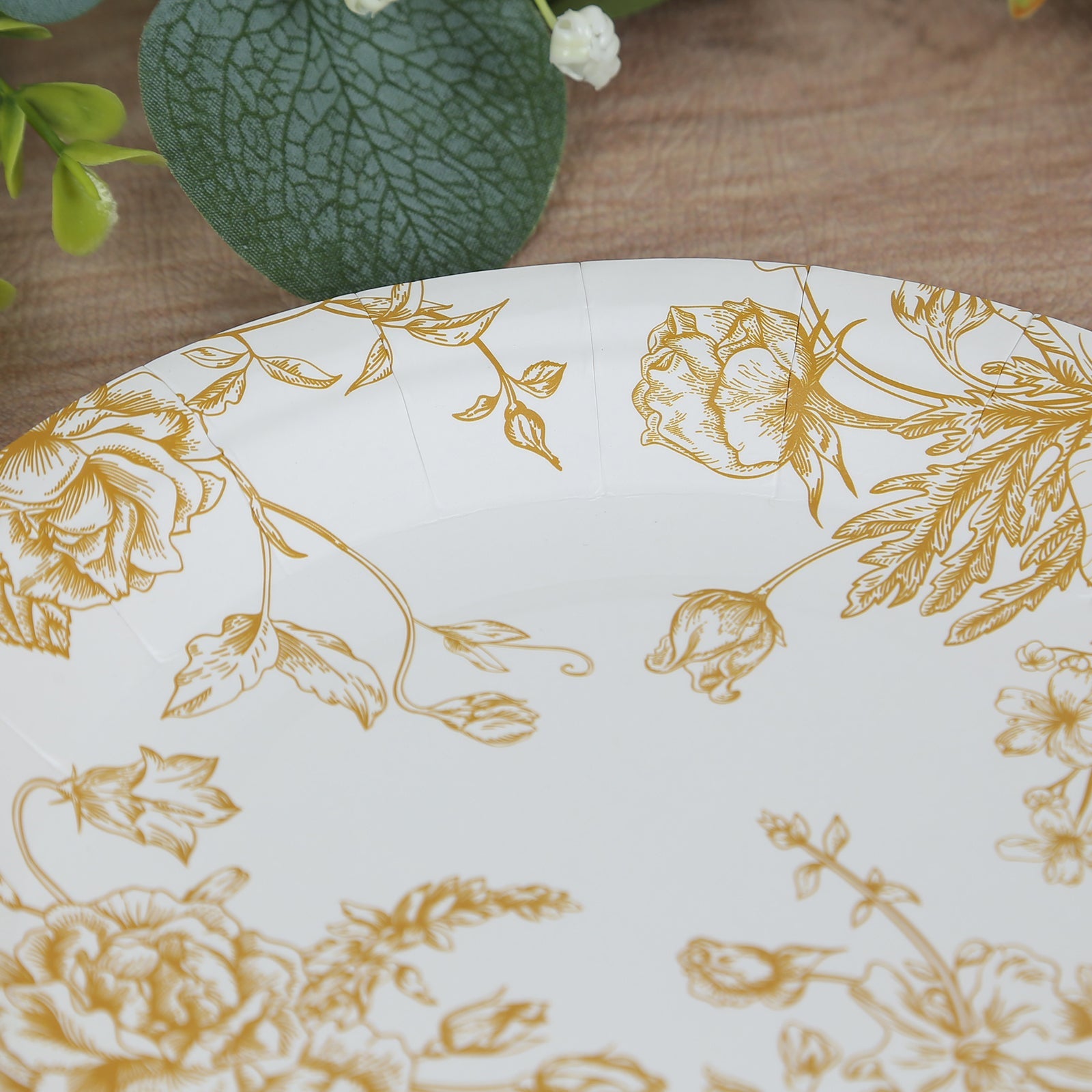 25-Pack Paper 7 Round Dessert Plates in White with Gold French Toile Pattern - Disposable Floral Salad Appetizer Plates for Chic Event Decor