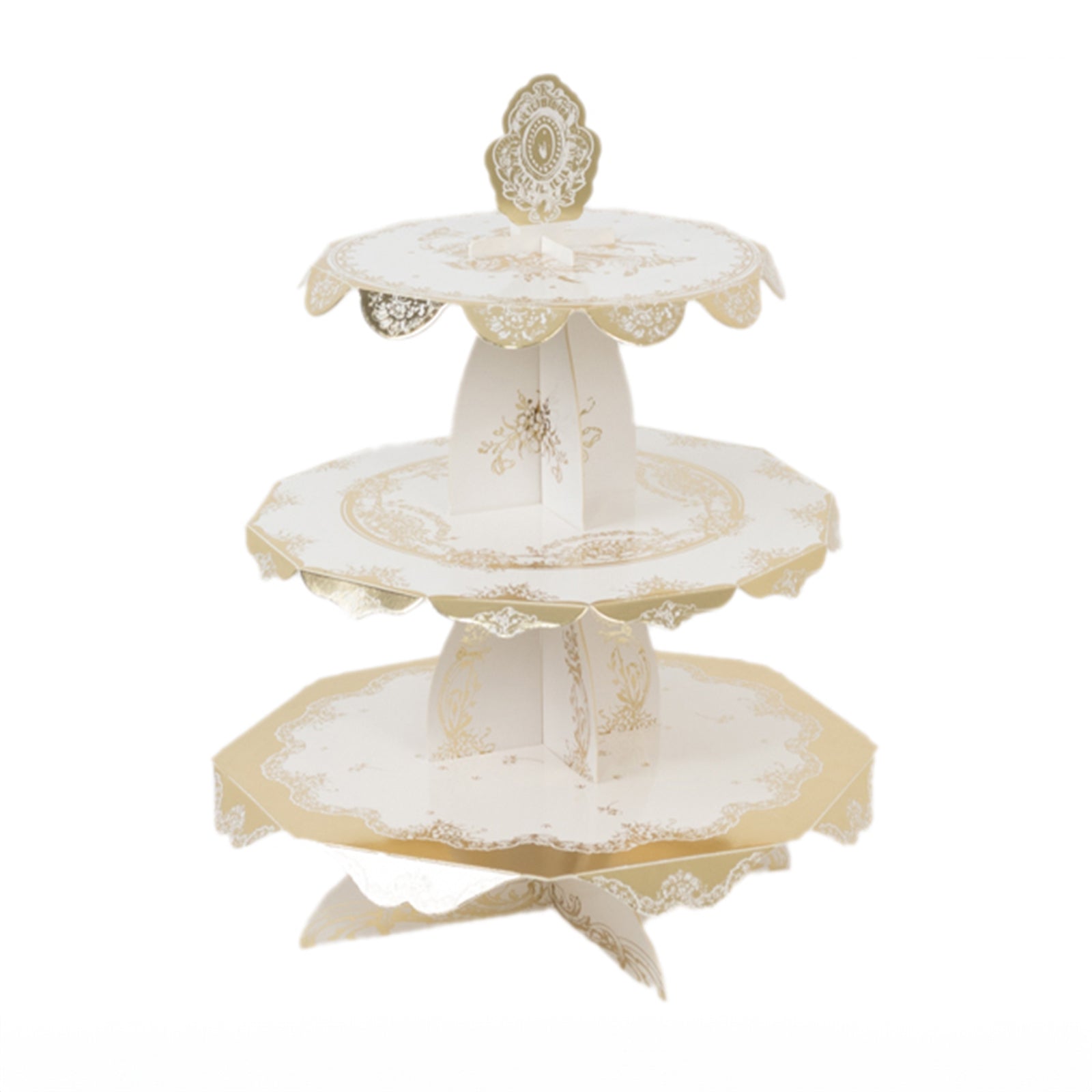 2-Pack 3-Tier Cupcake Display Stands with Vintage Floral Pattern, White Gold Round Cardboard Dessert Towers - 15