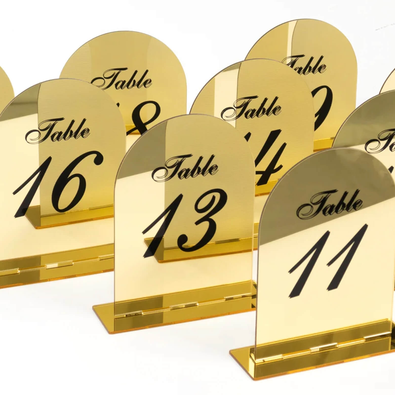 Gold Mirror Arch Acrylic Table Numbers (11-20) - 6x7 Wedding Reception Signs with Black Print & Stands