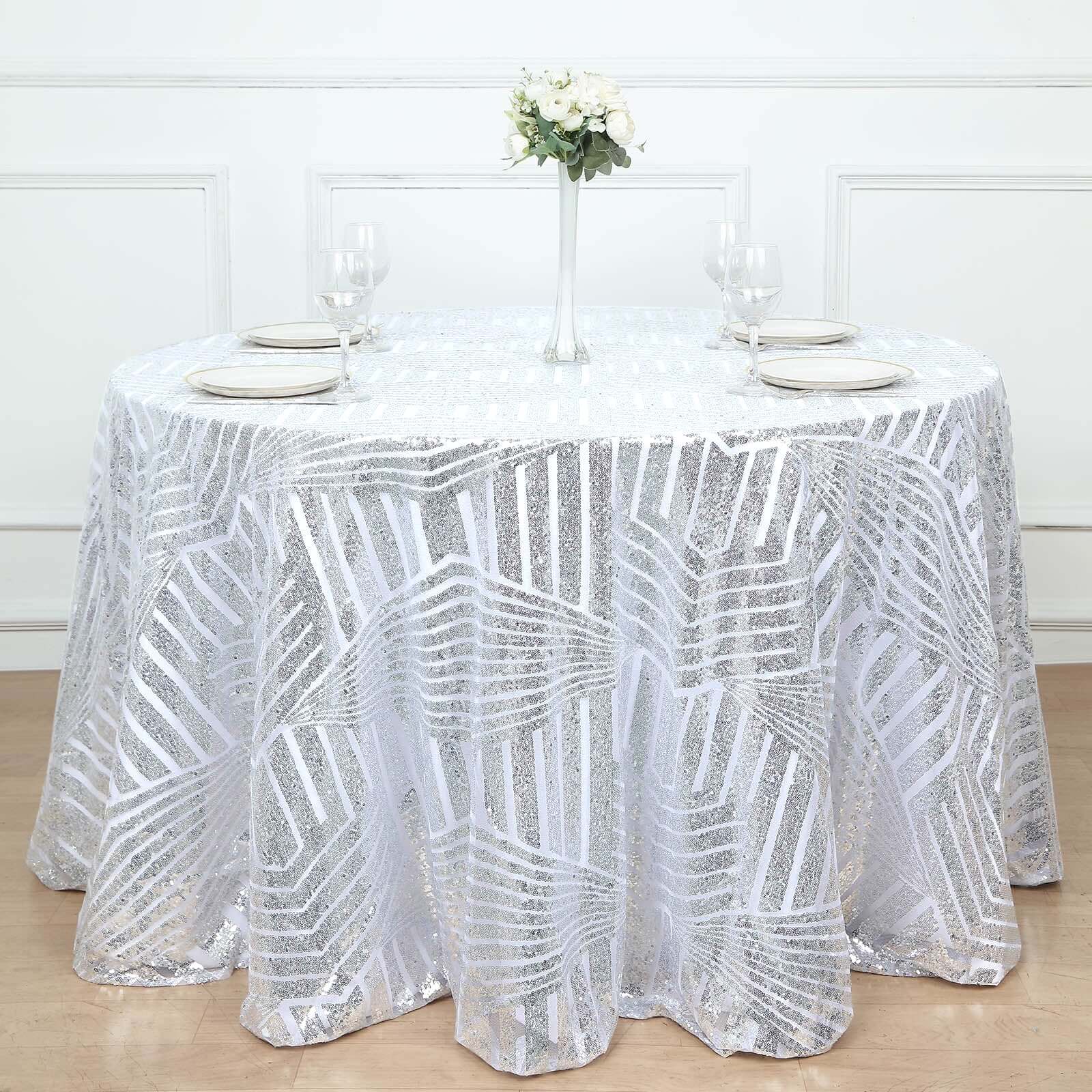 Sequin 120 Round Tablecloth Silver - Seamless Diamond Glitz Table Cover
