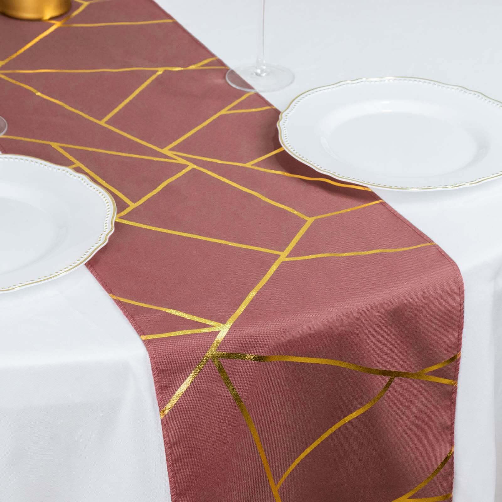 Polyester 9ft Table Runner Cinnamon Rose with Gold Foil Modern Geometric Accent