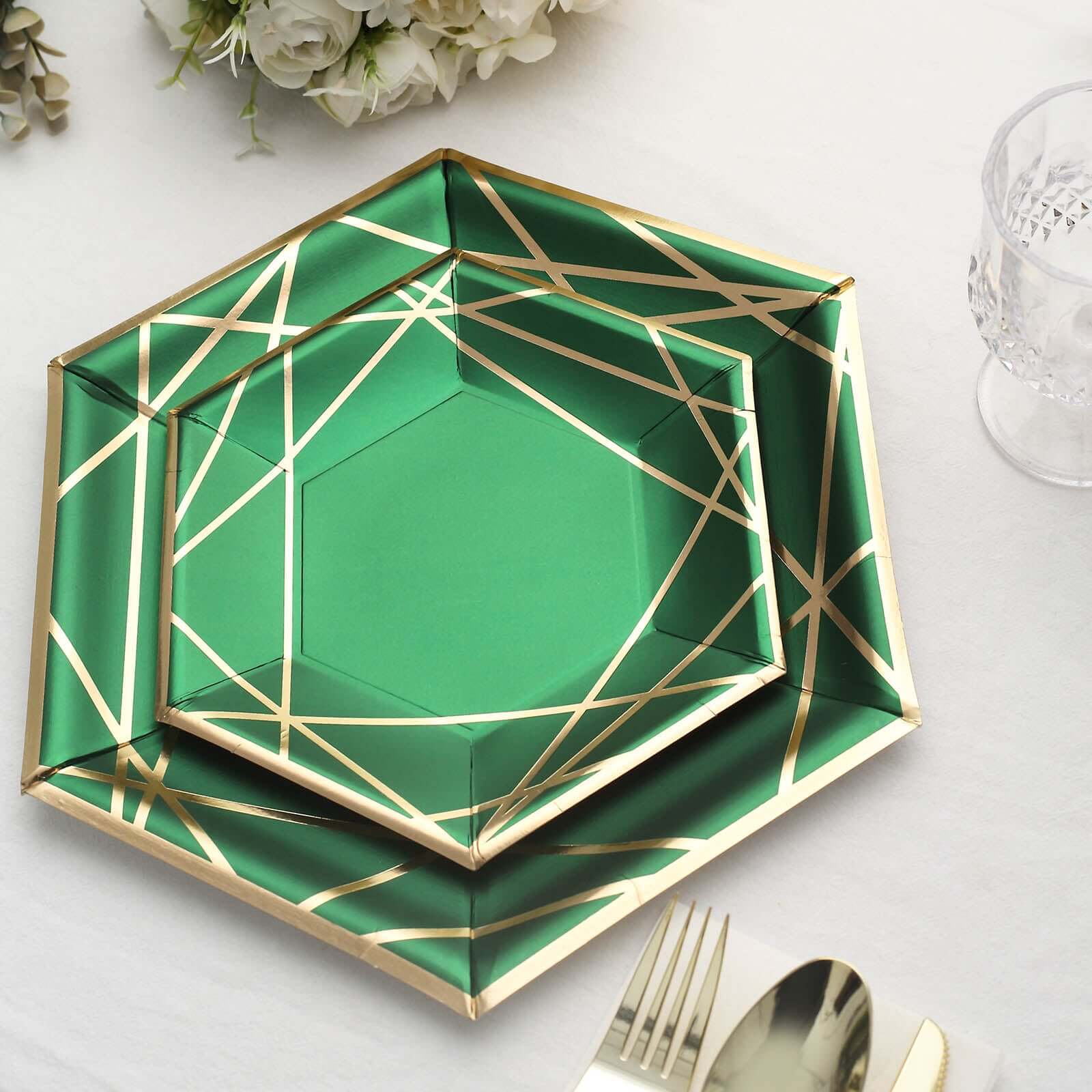 25-Pack Paper 9 Hexagon Dinner Plates in Hunter Emerald Green with Gold Geometric Lines & Rim - Stylish Disposable Geometric 300GSM Party Plates