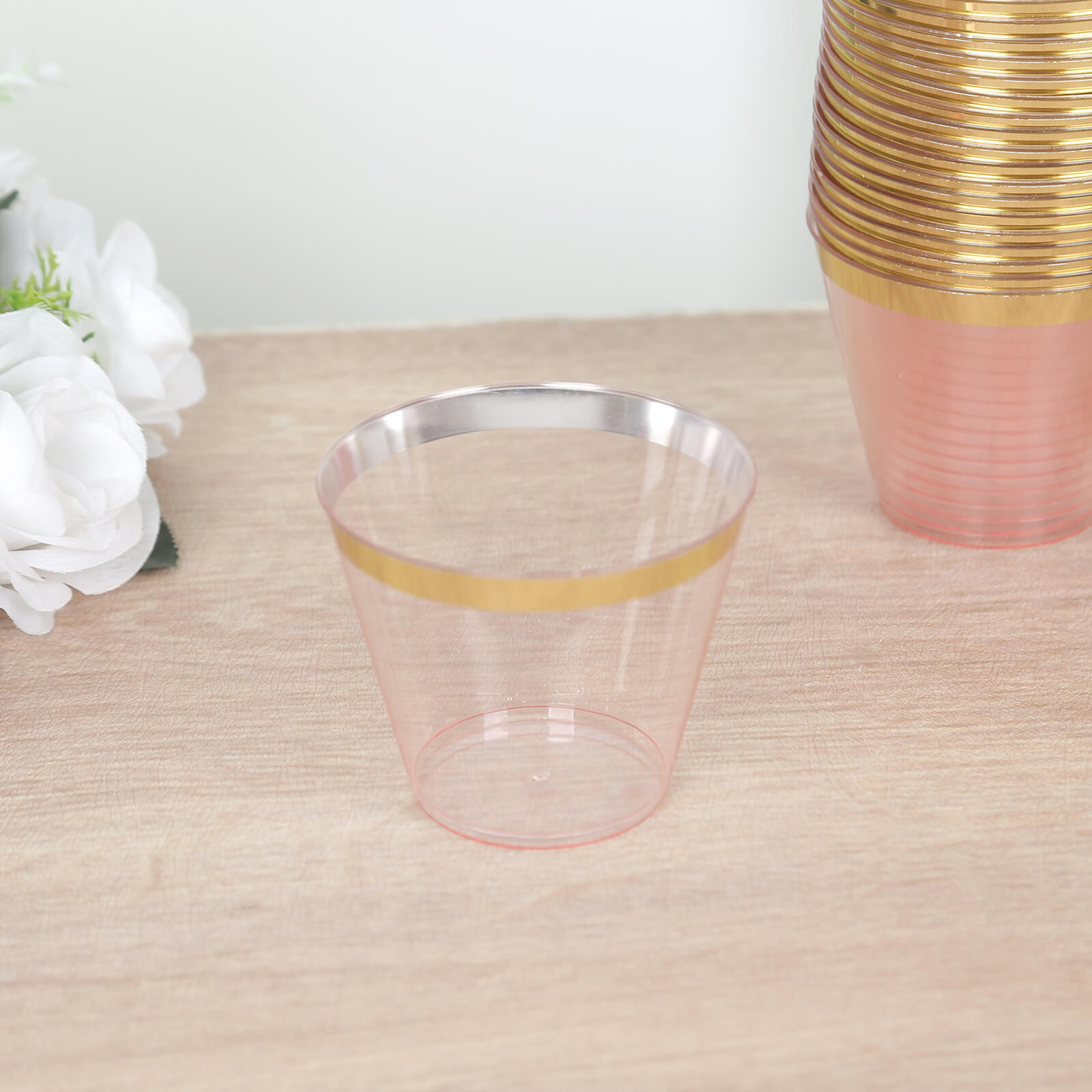 25-Pack Plastic Party Cups Transparent Blush Crystal with Gold Rim - Stylish Short Disposable Glasses 9oz