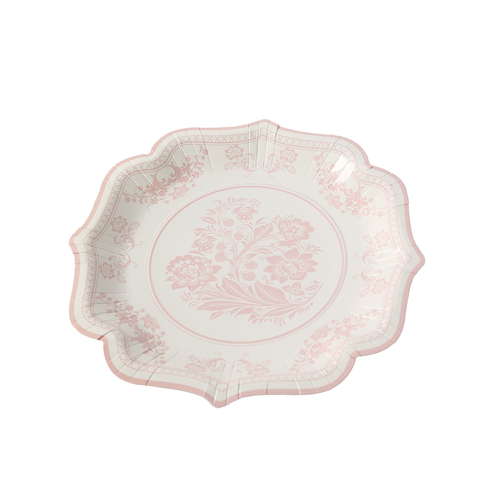 25-Pack Paper Dinner Plates in White with Pink French Toile Print & Scallop Rim - Stylish Disposable 300GSM Floral Party Plates 10