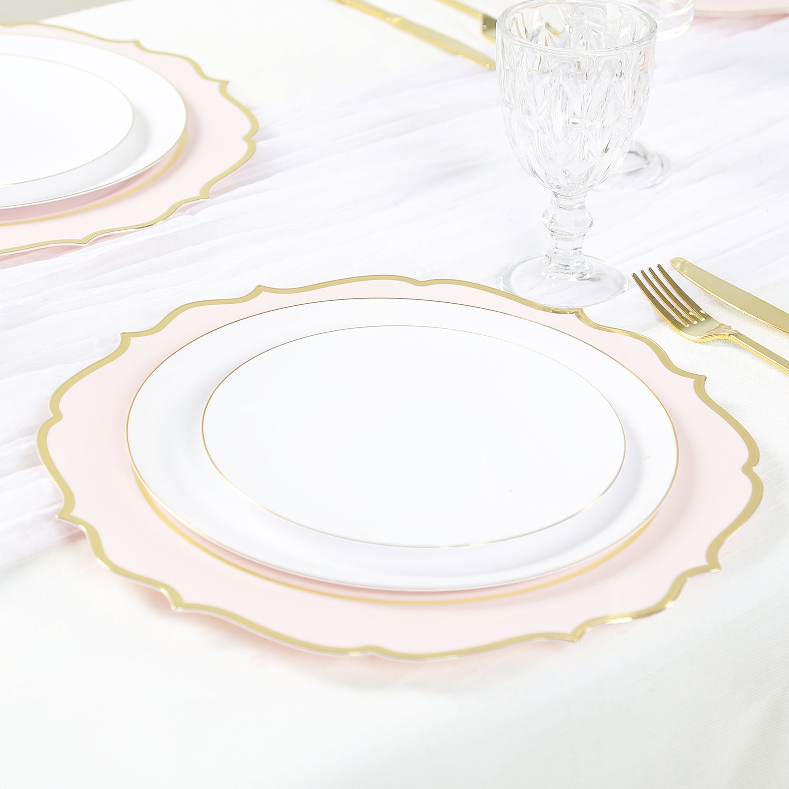 10-Pack Economy Plastic Round Charger Plates 13 in Blush with Gold Scalloped Rim, Decorative Dinner Party Serving Plates