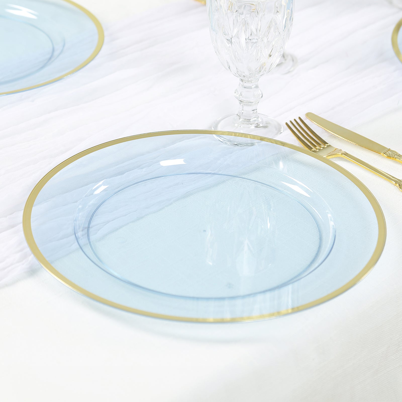 10-Pack Economy Plastic Round Charger Plates 12 in Transparent Dusty Blue with Wide Gold Rim, Decorative Dinner Party Serving Plates