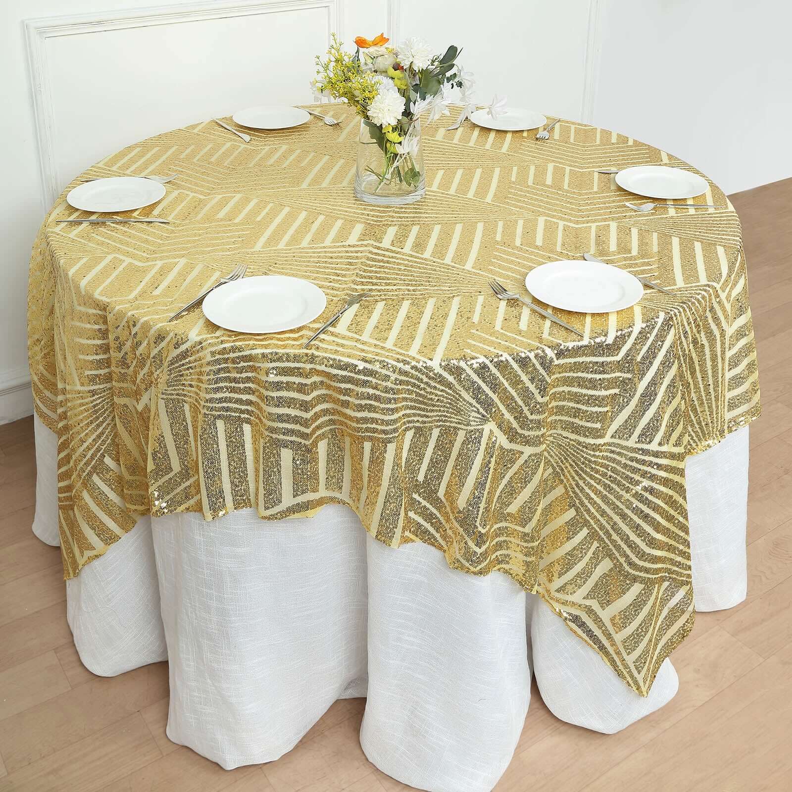 Sequin 72 Table Overlay Square Tablecloth Gold with Diamond Glitz Design - Perfect for Luxe Events