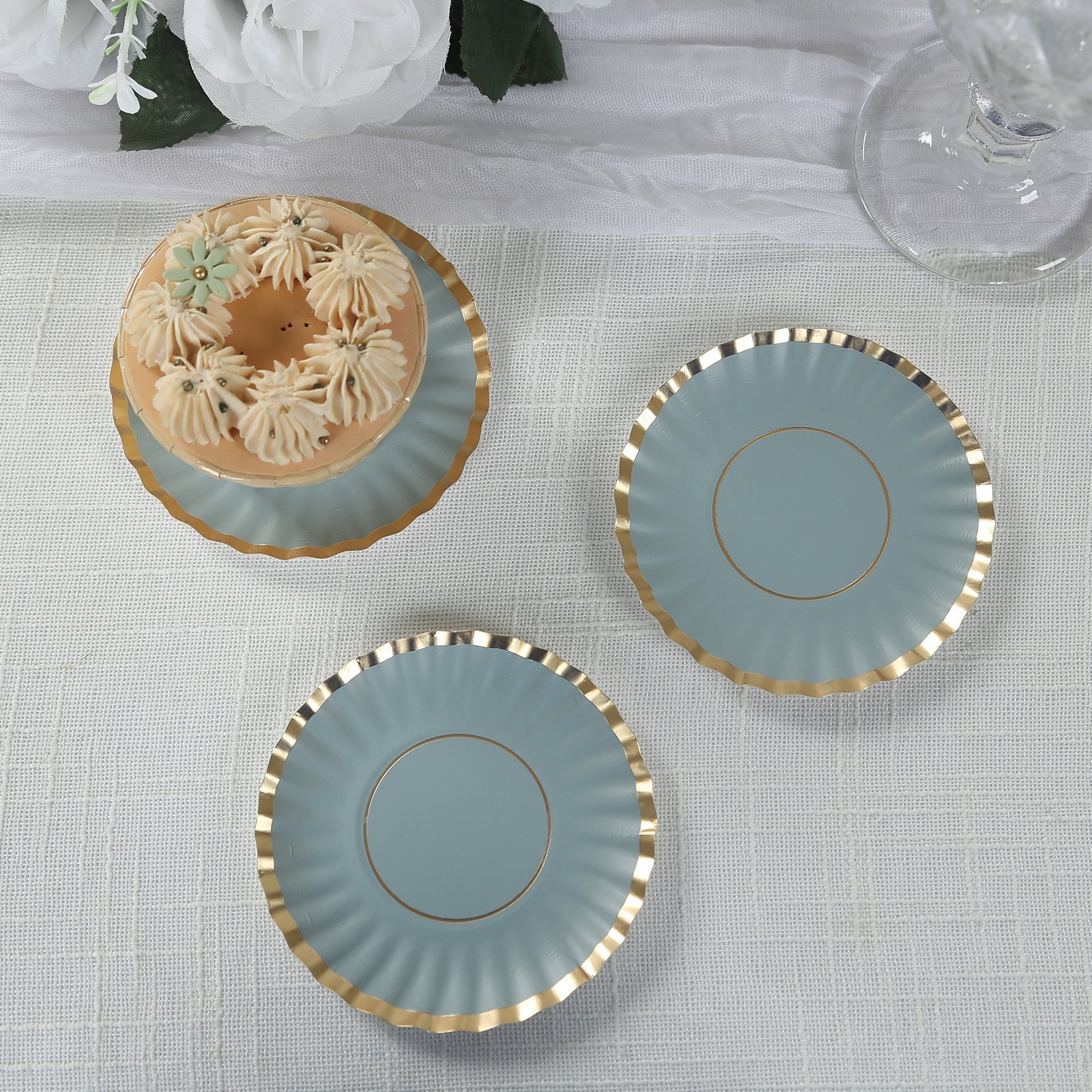 50-Pack Paper 3.5 Round Party Plates in Dusty Blue with Gold Scalloped Rim - Disposable Mini 250GSM Dessert Plates for Tapas, Appetizers & Finger Foods