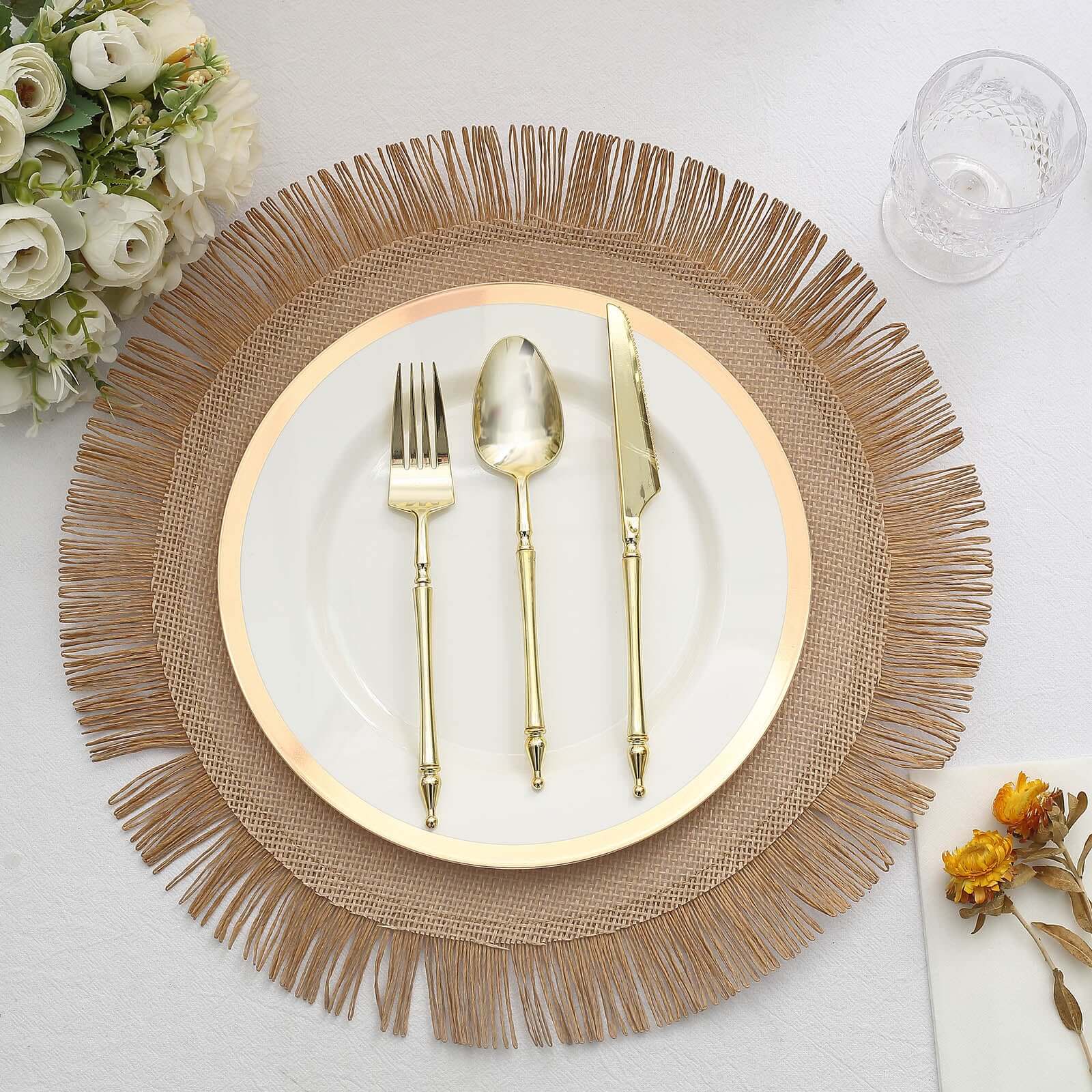 4-Pack Placemats Fringe Edge Design Natural Jute Round - Rustic Boho Chic Burlap Table Decor 16