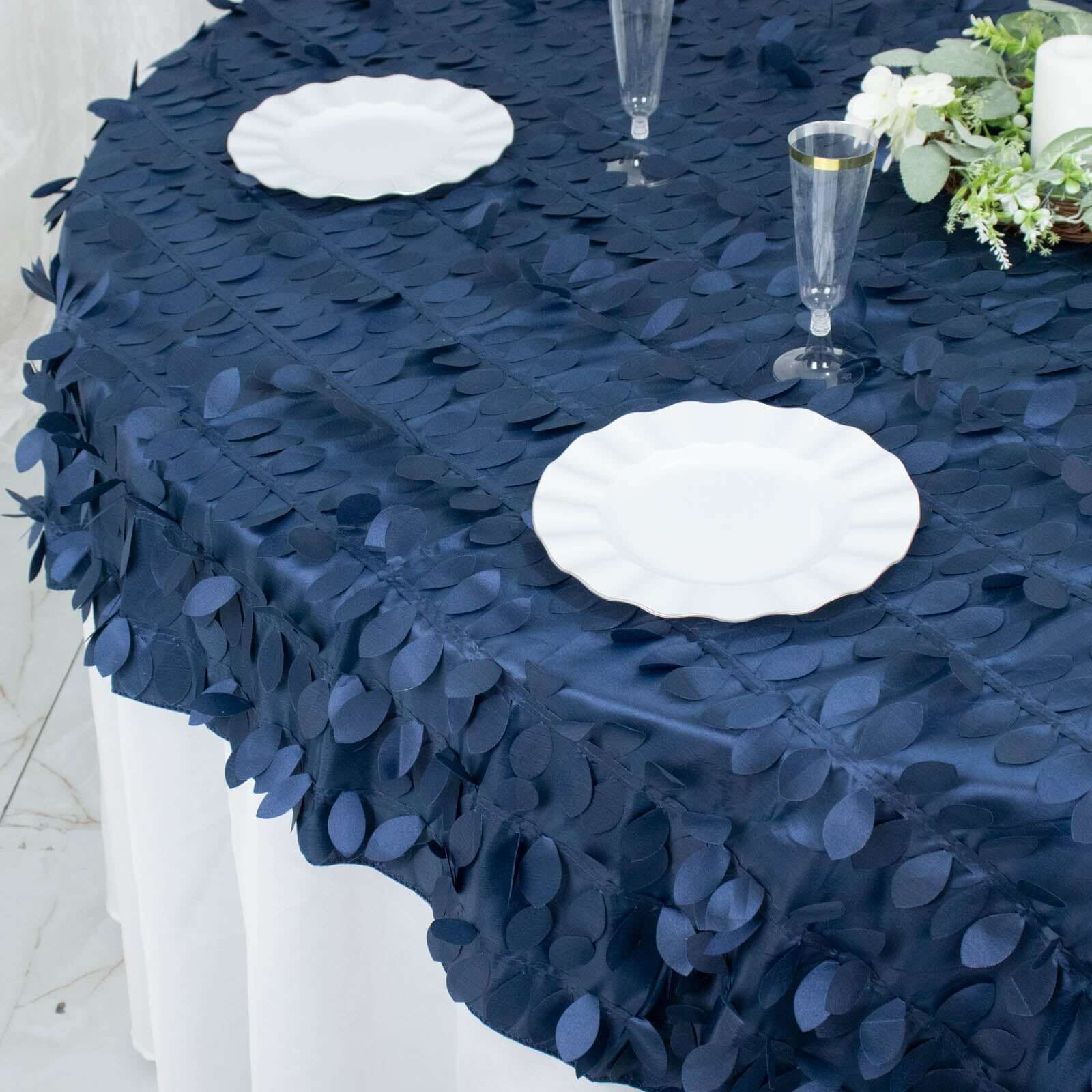 Taffeta 72x72 Table Overlay Square Tablecloth Navy Blue - 3D Leaf Petal Table Cover