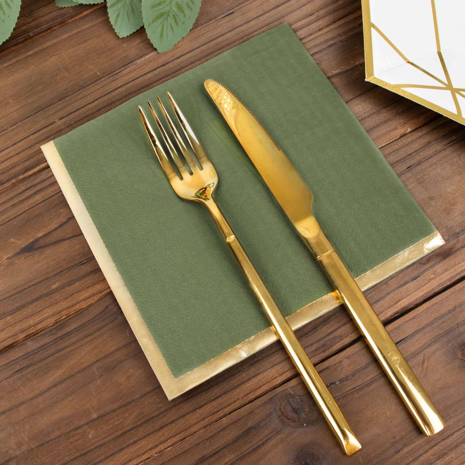 50-Pack Paper Beverage Napkins with Gold Foil Olive Green - Disposable 2 Ply Cocktail Napkins for Events 6.5x6.5