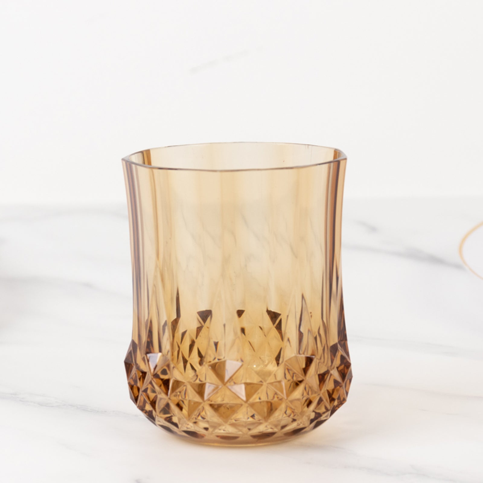 6-Pack Plastic Whiskey Cups Amber Gold Crystal Cut Style - Reusable Stemless Wine Glasses 8oz