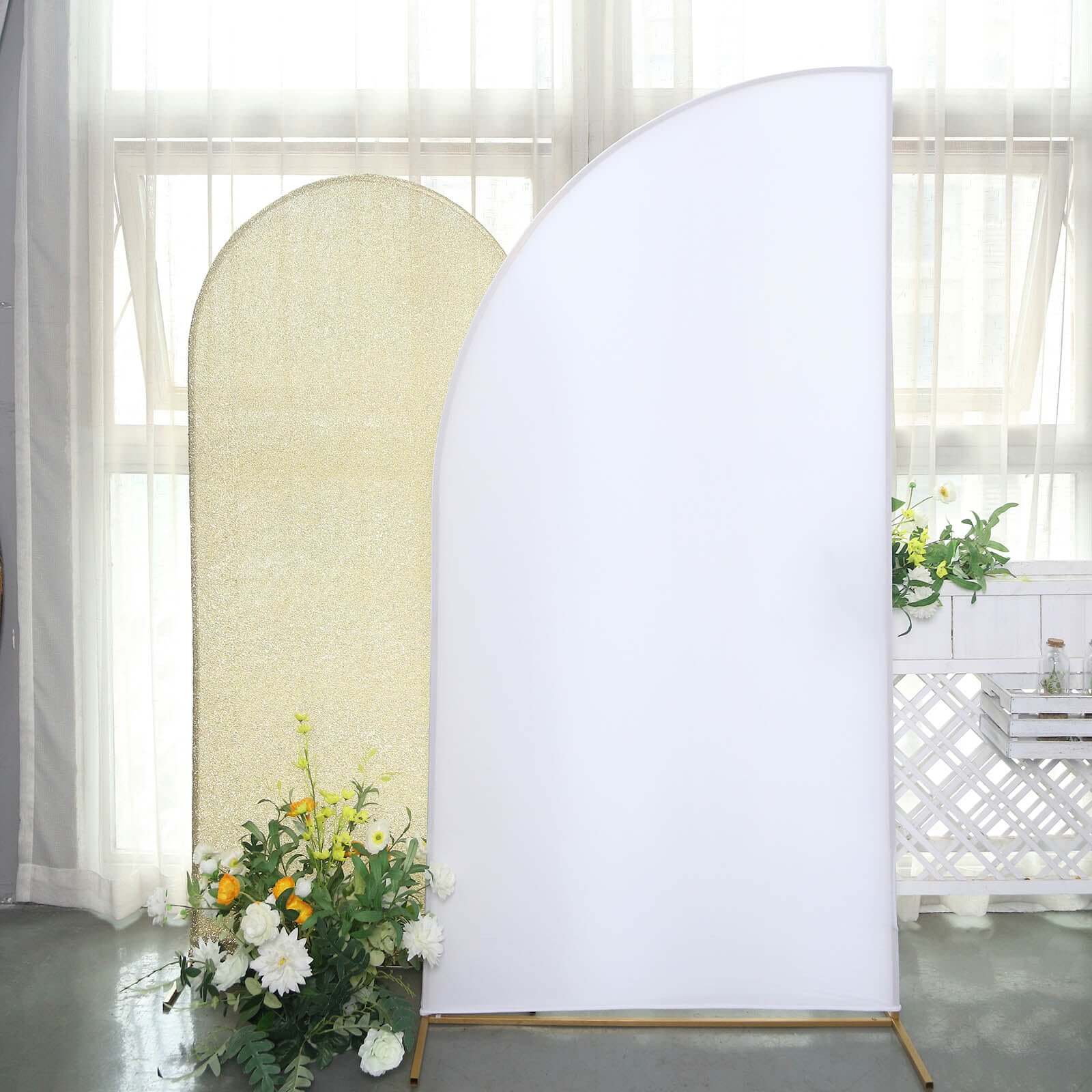 7ft Matte White Spandex Half Moon Chiara Backdrop Stand Cover, Custom Fitted Wedding Arch Cover