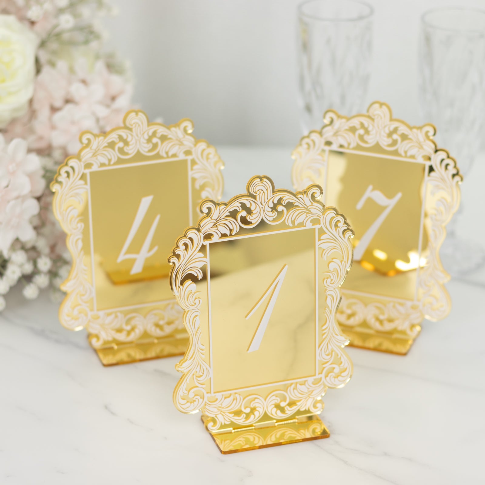 Gold Mirror Arch Acrylic Table Numbers (1-10) - 5x7 Wedding Reception Signs with Baroque Lace Border, White Print & Stands