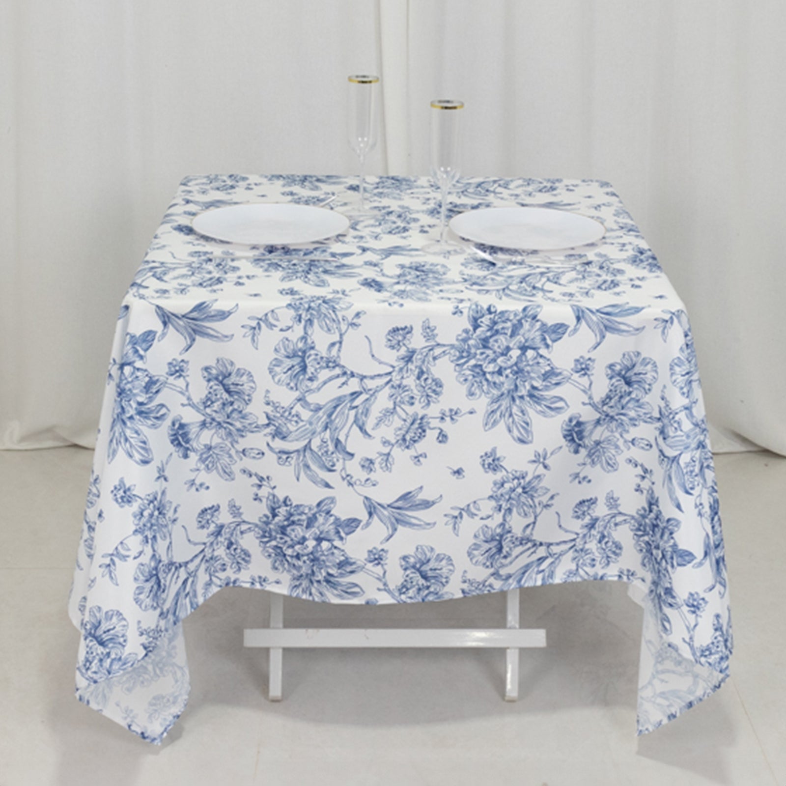 Polyester 70x70 Square Tablecloth White - Blue French Toile Pattern for Sophisticated Settings