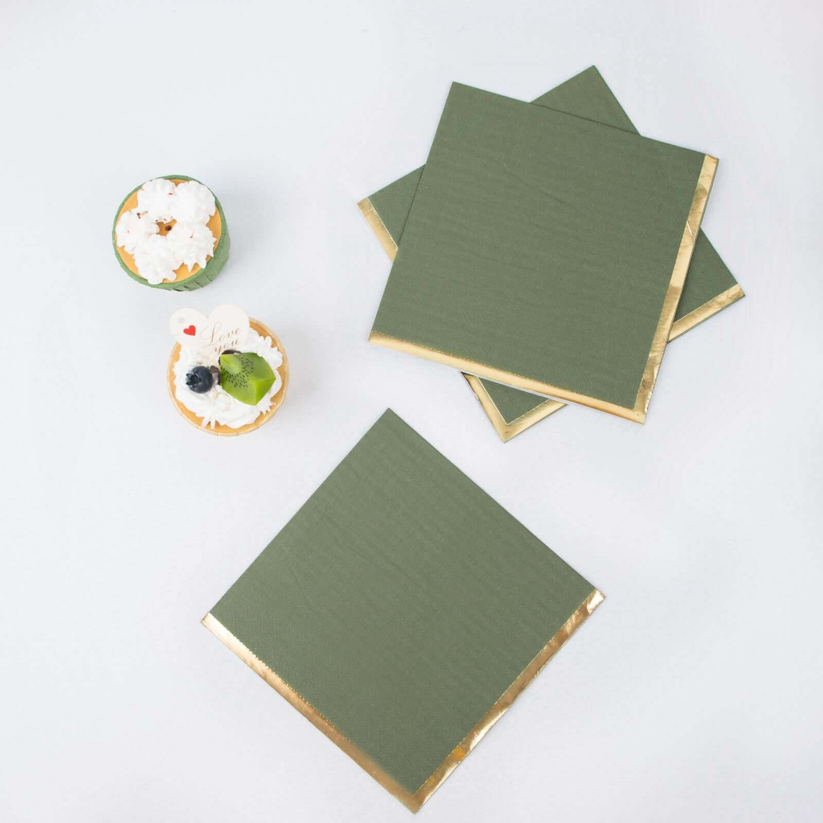 50-Pack Paper Beverage Napkins with Gold Foil Olive Green - Disposable 2 Ply Cocktail Napkins for Events 6.5x6.5