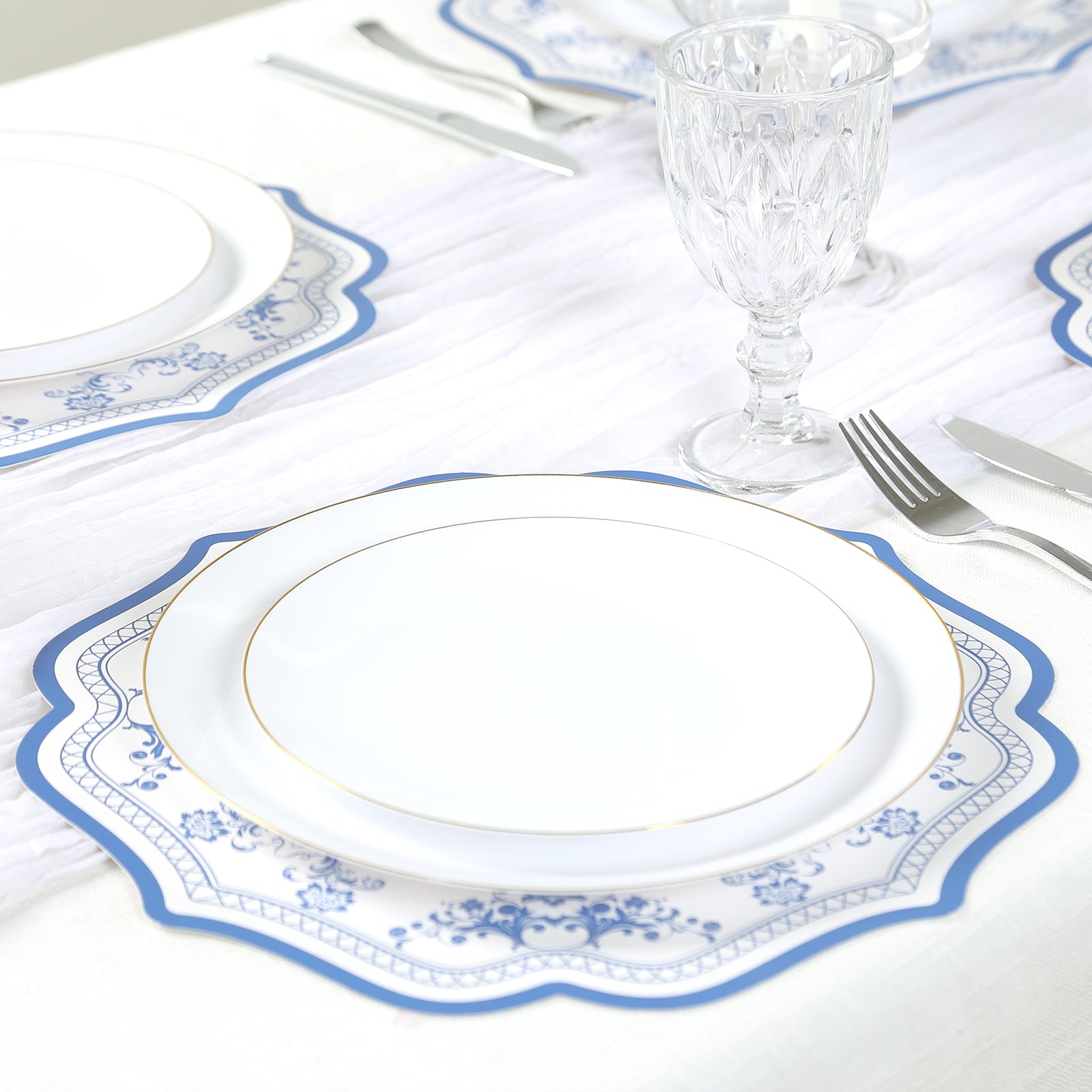 10-Pack Disposable Table Placemats 13 Round Placemats in White with Blue French Toile Pattern & Scalloped Rim - 400GSM Cardboard Placemats for Stylish Table Setting