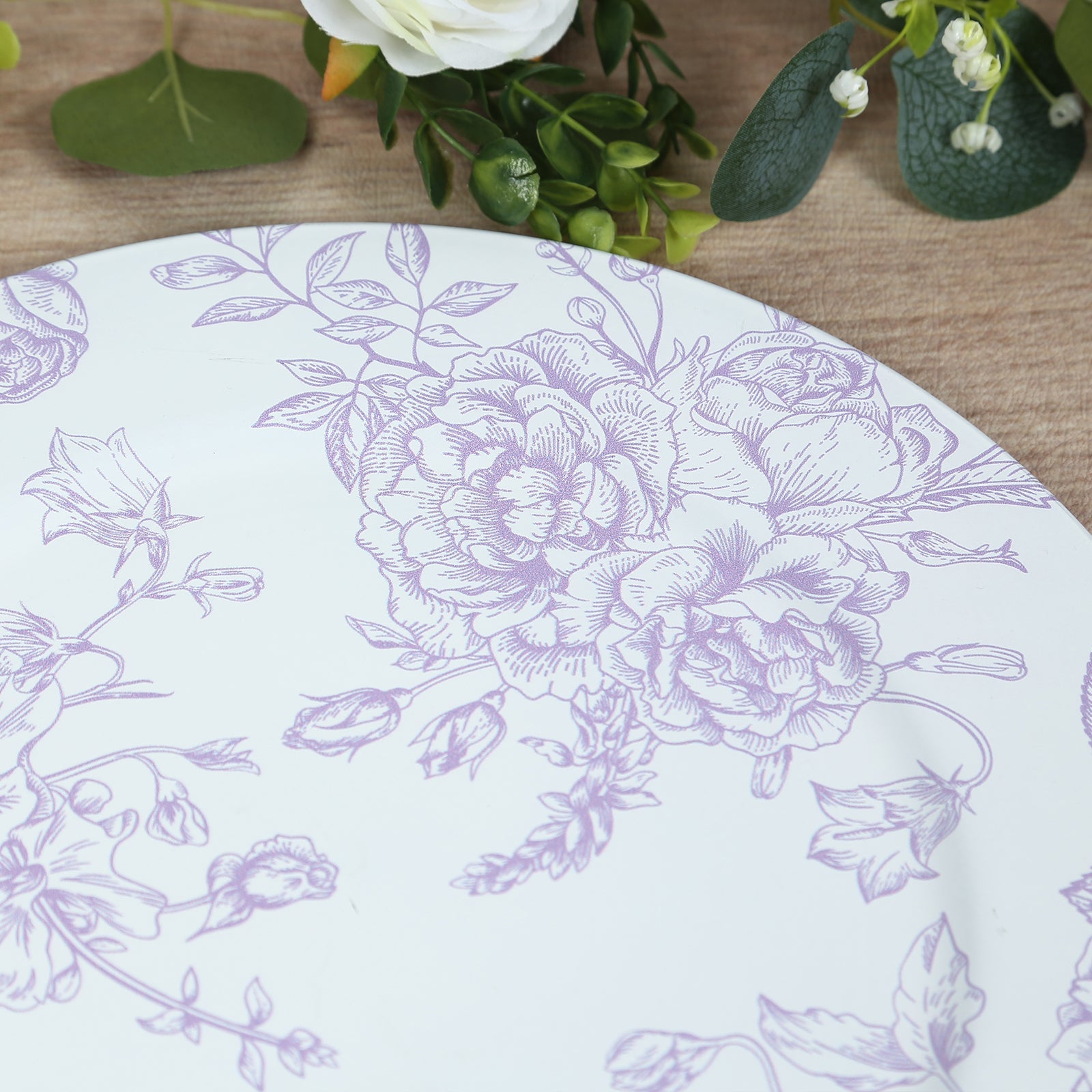 6 Pack Round Floral Acrylic Charger Plates in French Toile Pattern, 13 Matte Lavender and White Dinner Charger Event Tabletop Decor