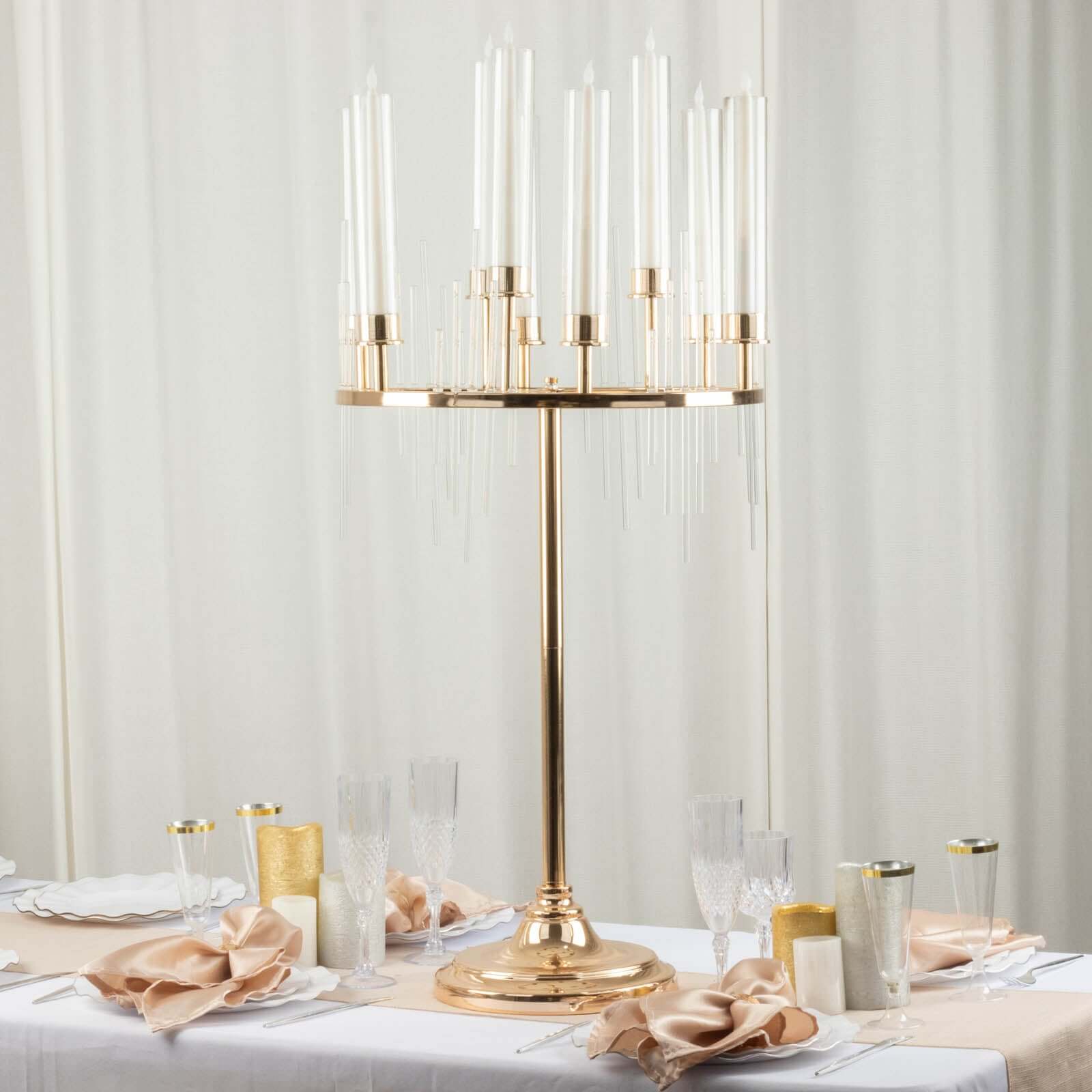 Metal 9-Arm Round Cluster Taper Candelabra Table Centerpiece Gold - Candlestick Holder Table Centerpiece With Drip Accents and Clear Glass Shades 40