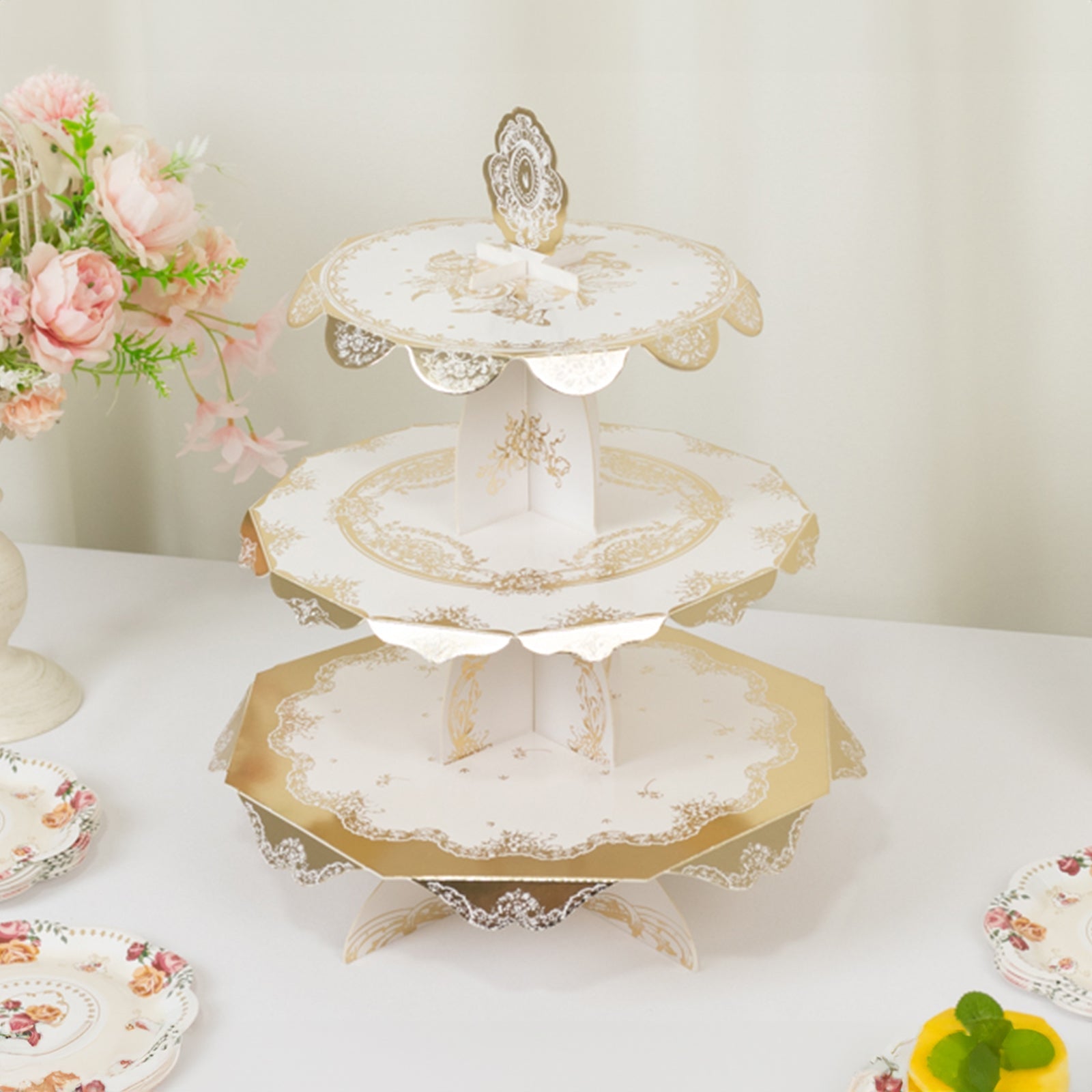 2-Pack 3-Tier Cupcake Display Stands with Vintage Floral Pattern, White Gold Round Cardboard Dessert Towers - 15